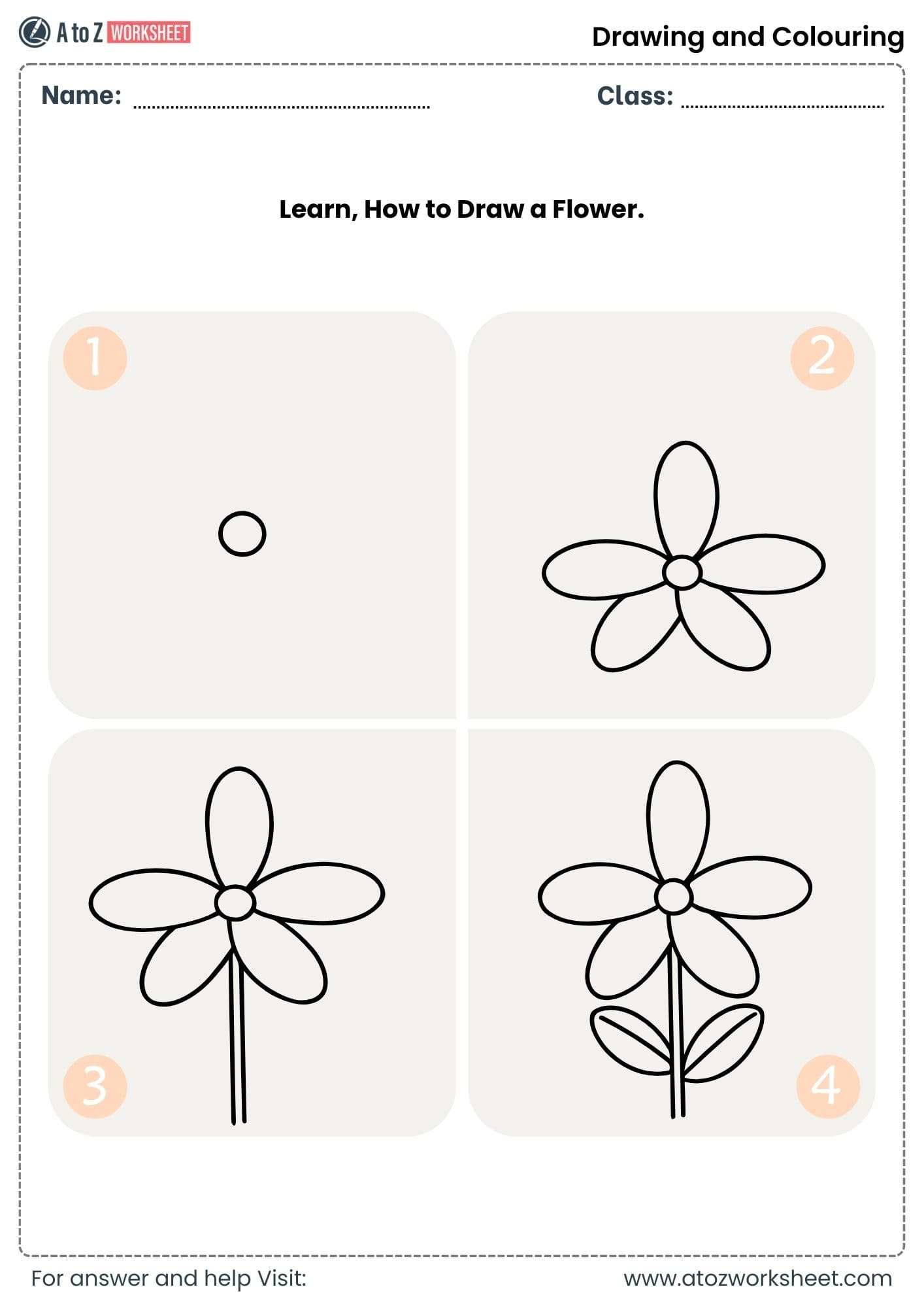draw flower step by step grid drawing colouring worksheets