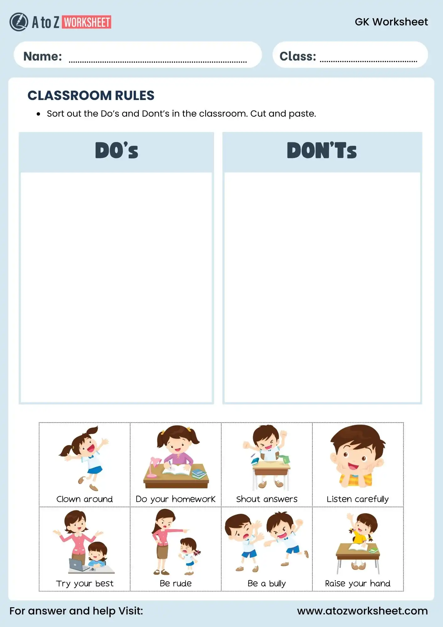 gk worksheets classroom rules cut and paste activity for nursery
