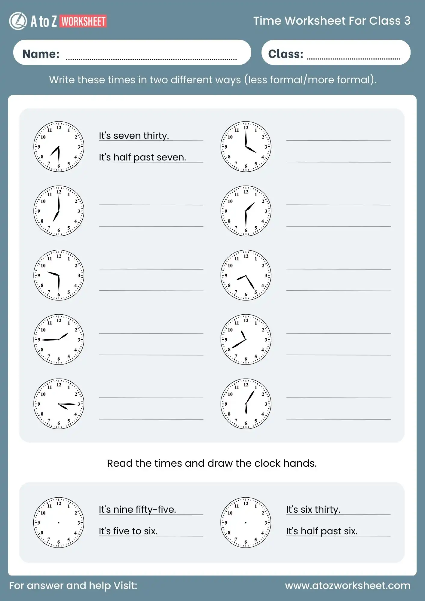 free time worksheet for class 3 write time in two ways