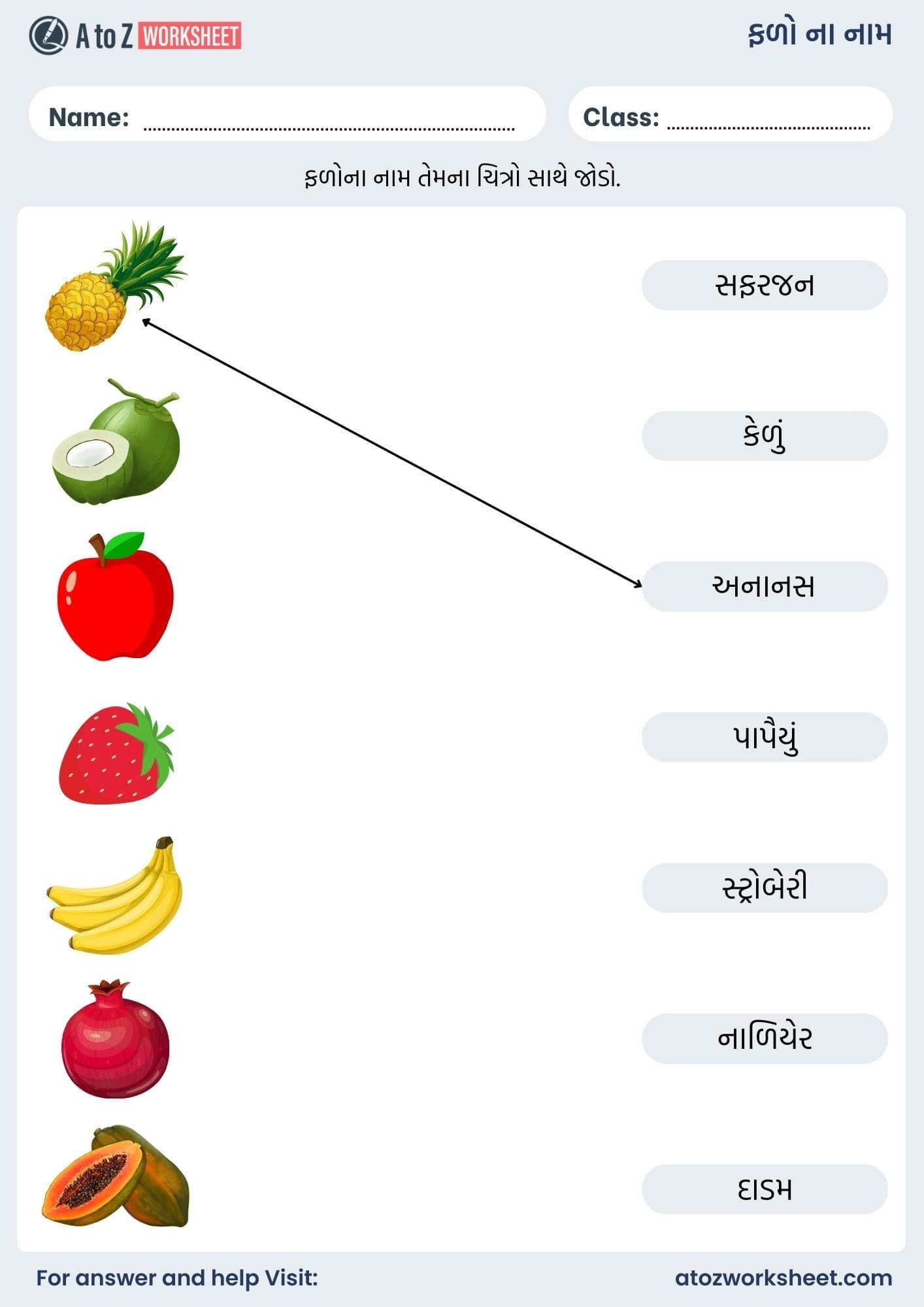 fruits name in gujarati and worksheet kids