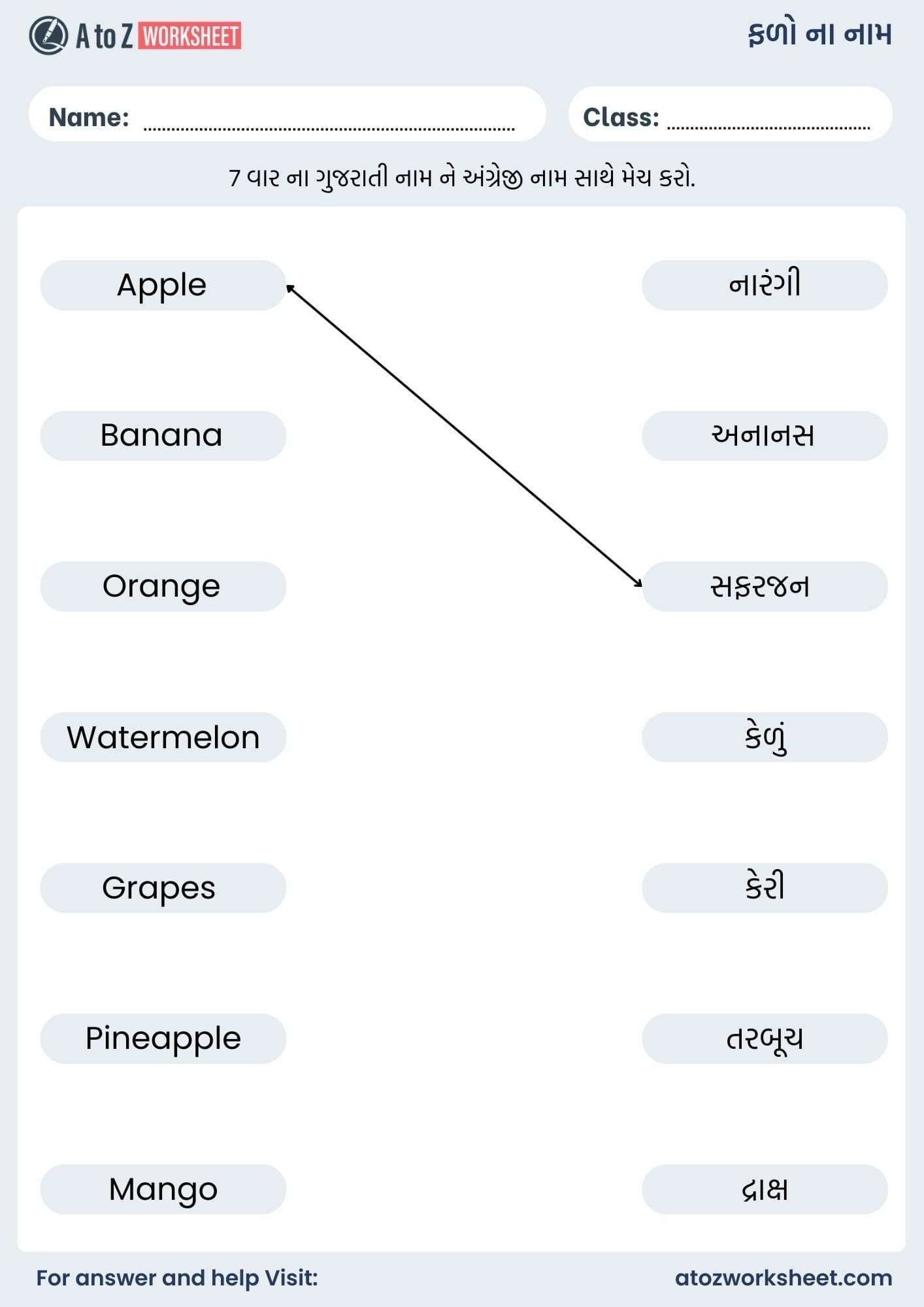 fruits name in gujarati and worksheet kids