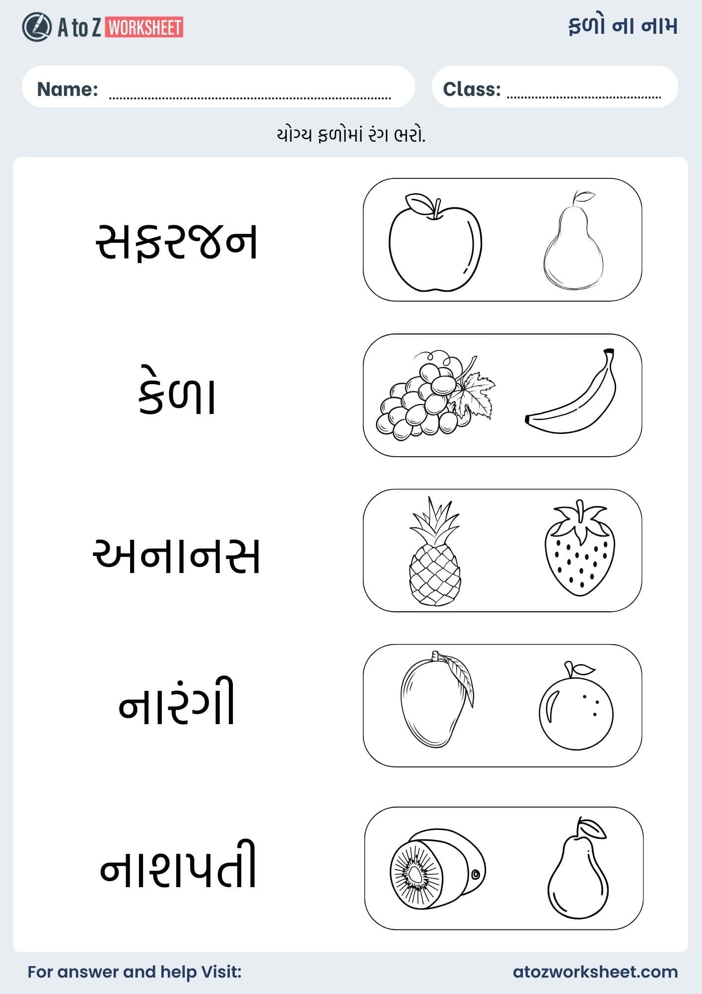 fruits name in gujarati and worksheet kids