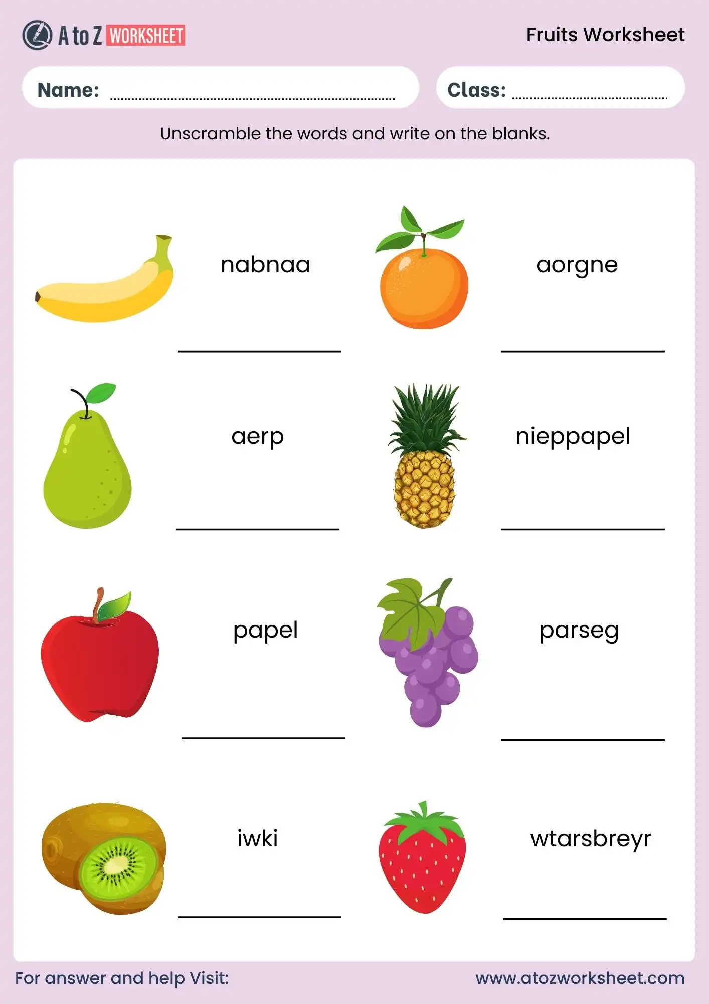 fruits worksheet for nursery kids with word scramble activity