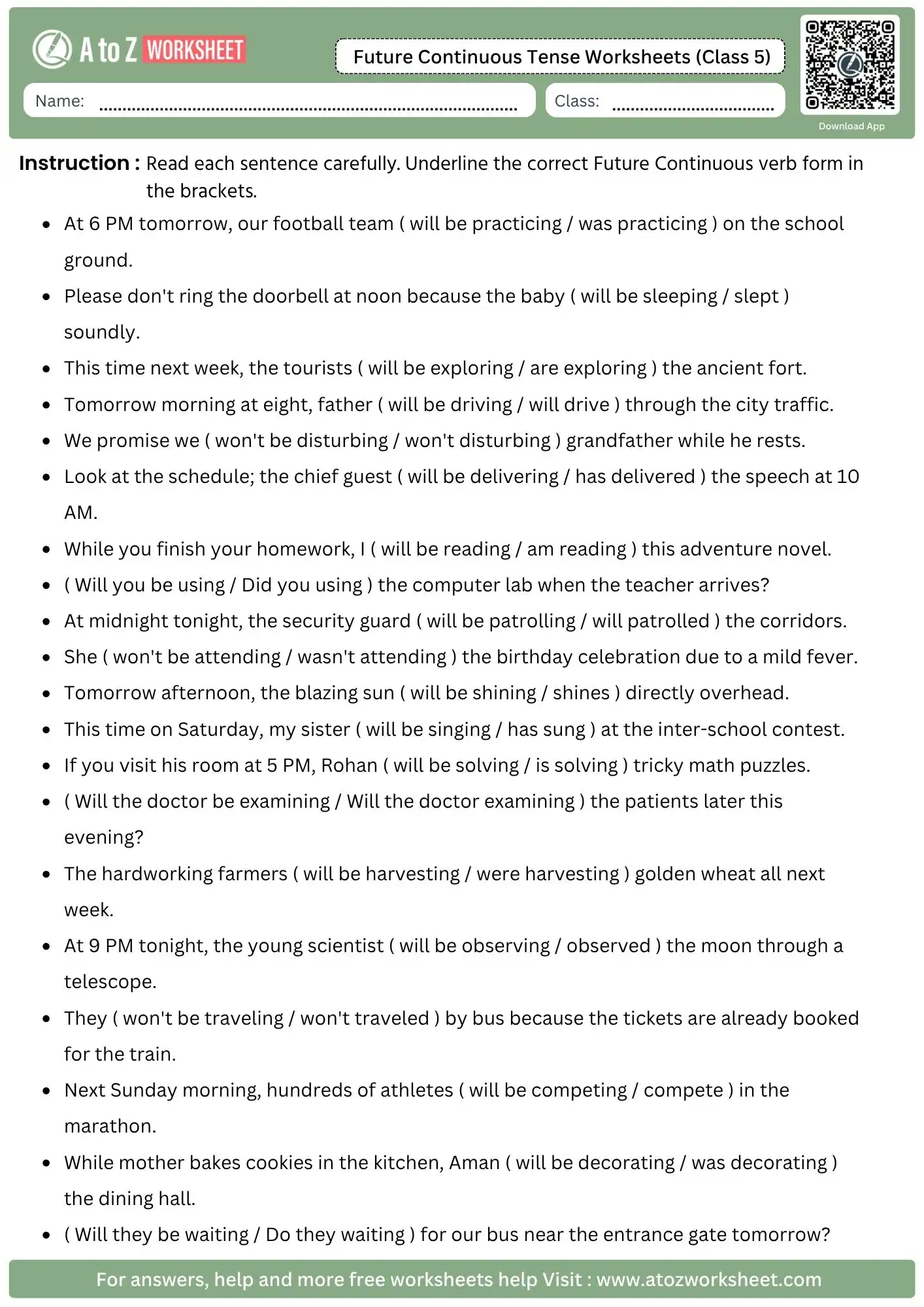 future continuous tense worksheets for class 5 underline correct verb form in brackets with answers