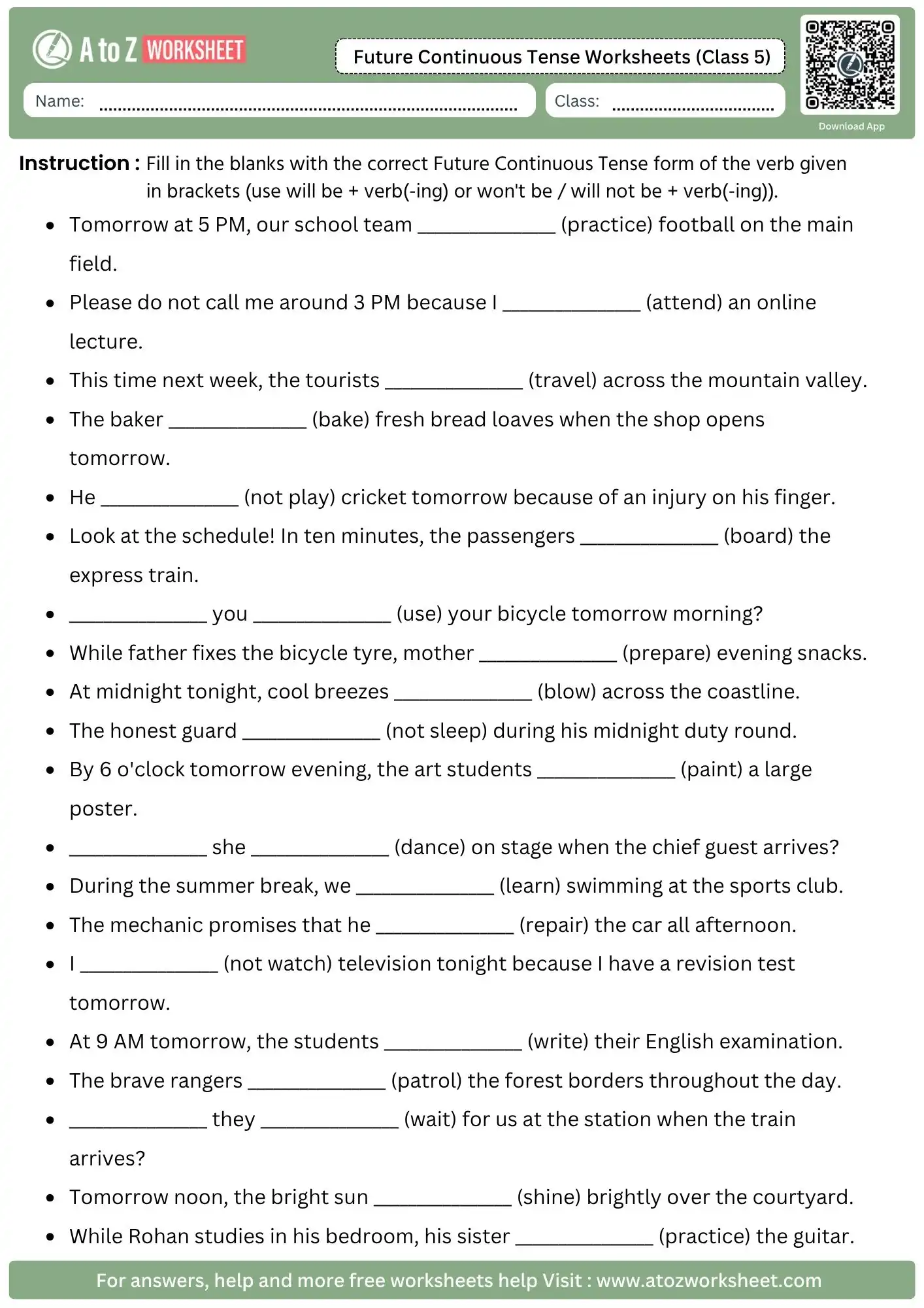 future continuous tense worksheets for class 5 fill in blanks will be wont be printable pdf