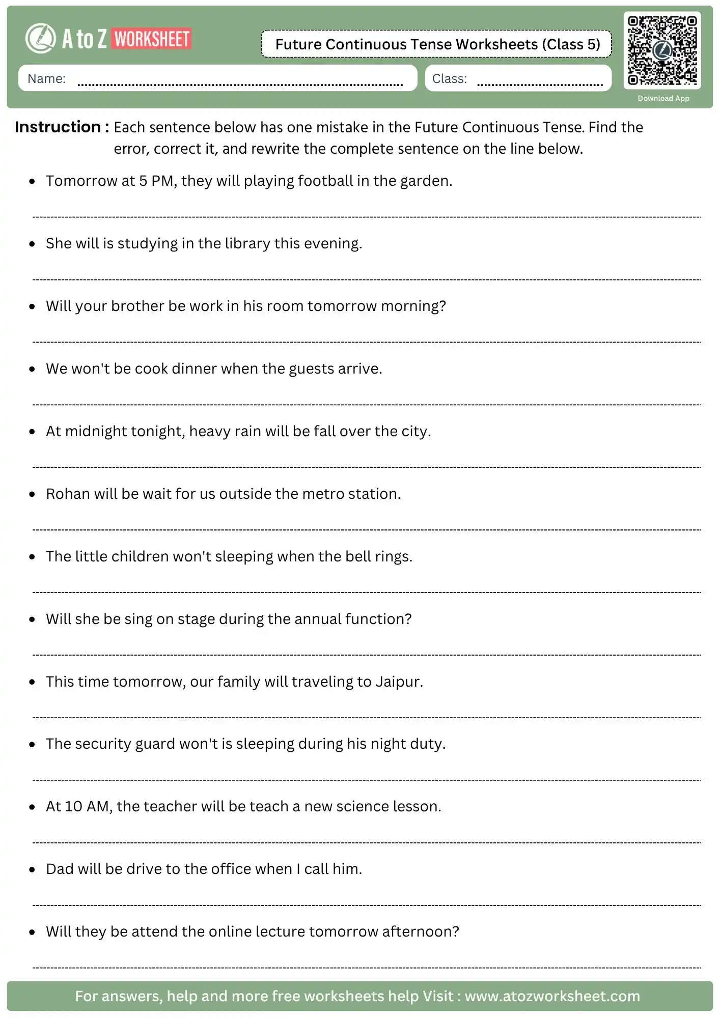 future continuous tense worksheets for class 5 find mistakes correct and rewrite sentences free worksheet