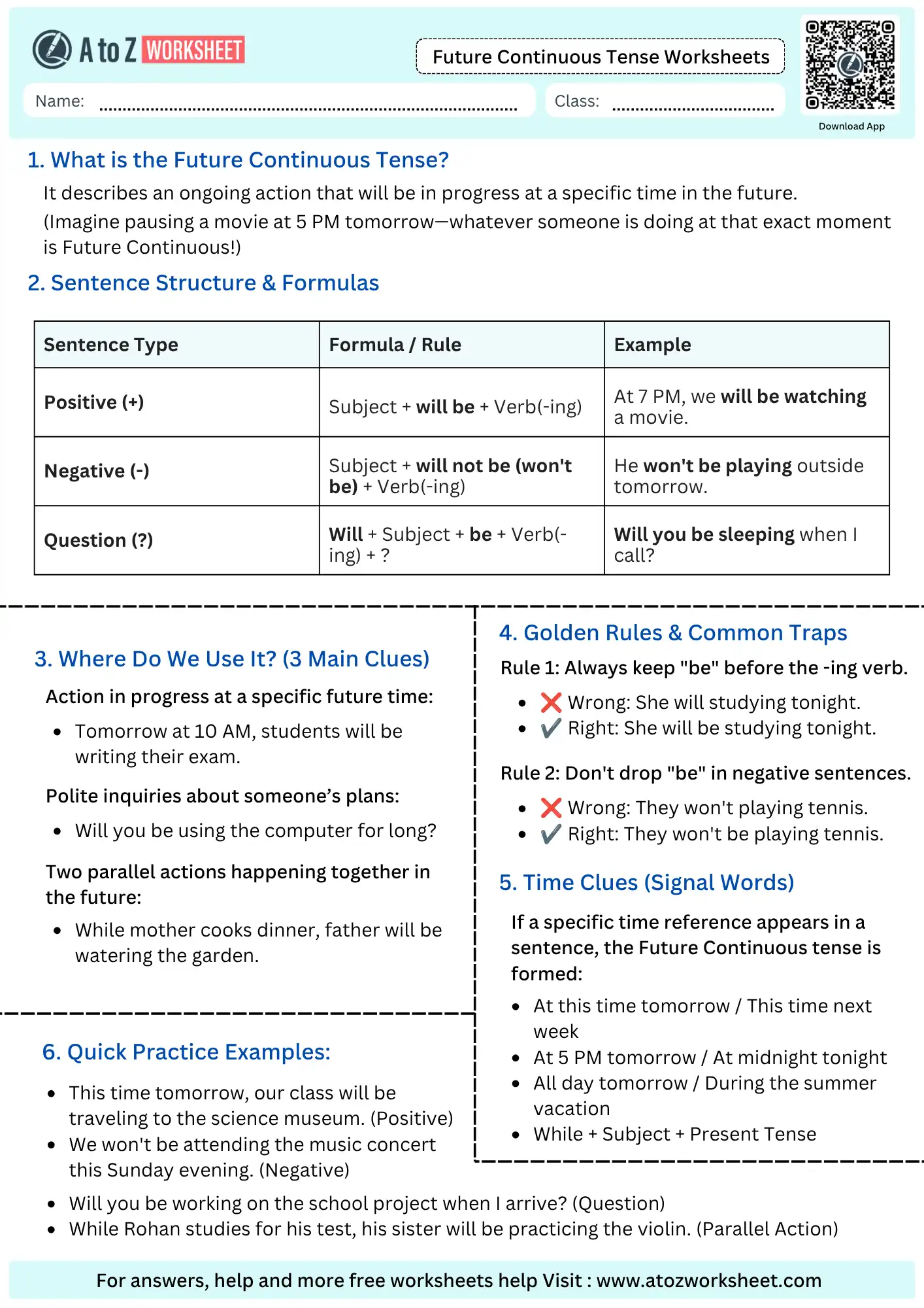 future continuous tense worksheets grammar rules sentence formulas time clues reference chart pdf