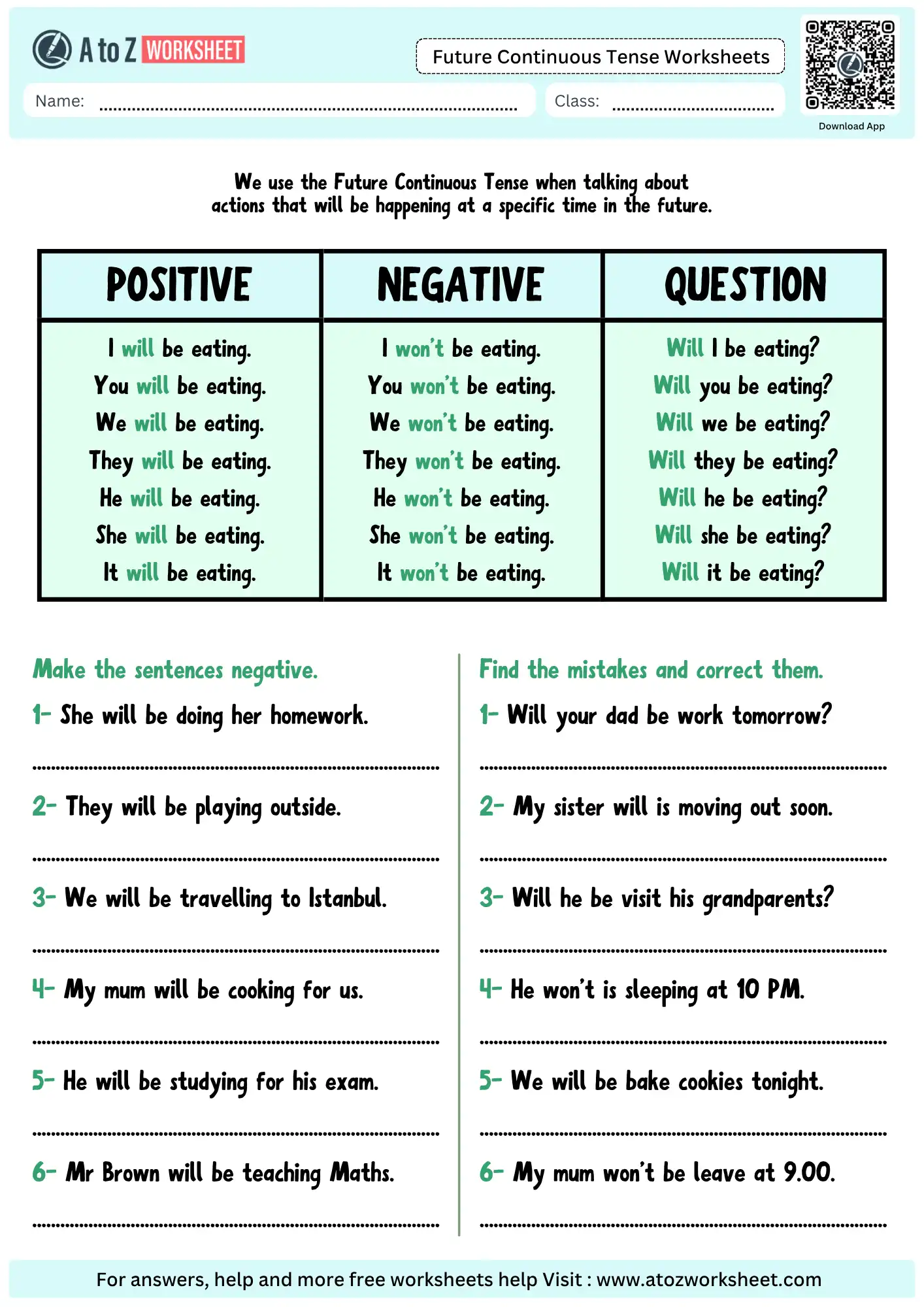 future continuous tense worksheets conjugation chart negative sentences error correction drills