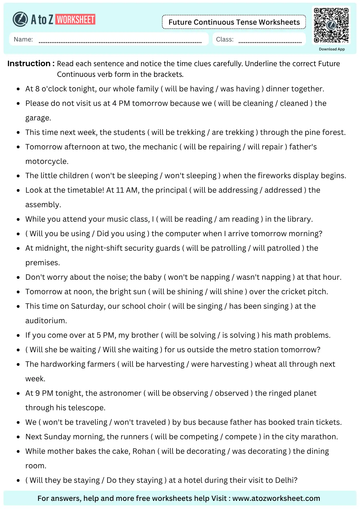 future continuous tense worksheets underline correct verb form in brackets with answers