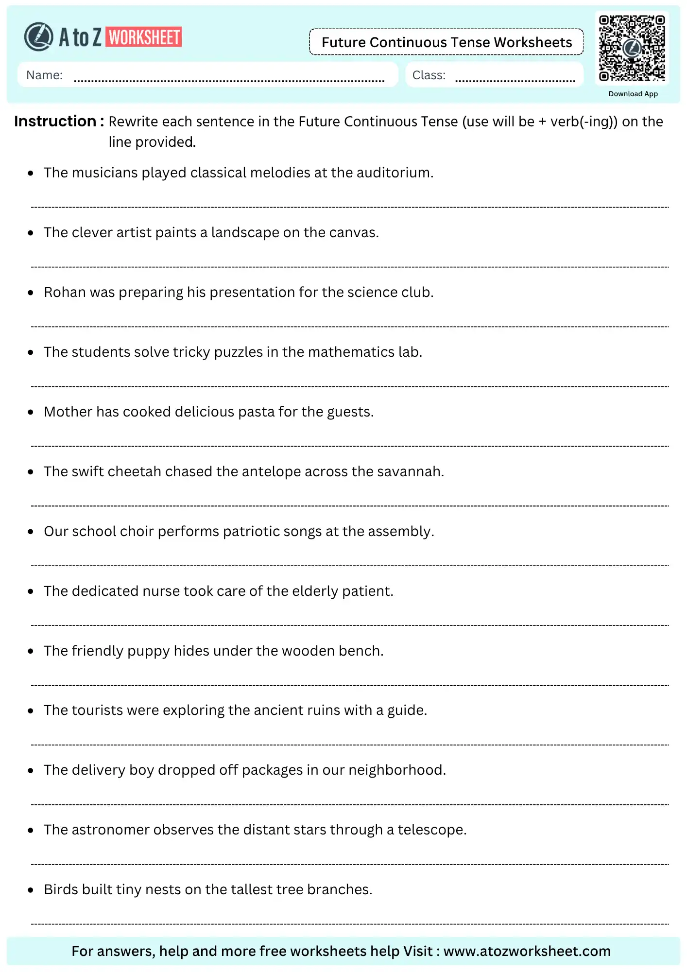 future continuous tense worksheets sentence rewriting transformation practice printable pdf