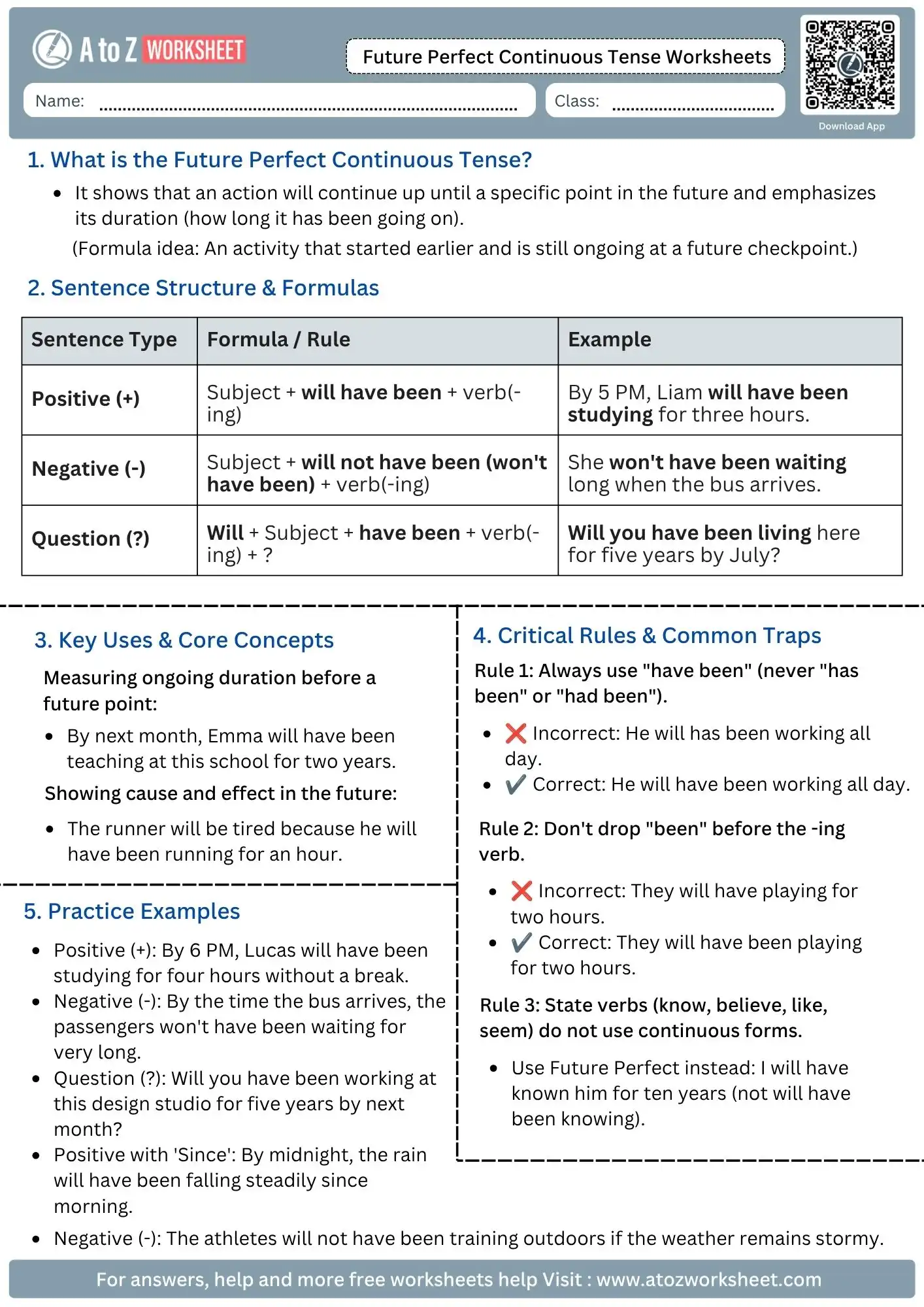 future perfect continuous tense worksheets grammar formulas duration rules stative verb traps reference chart pdf