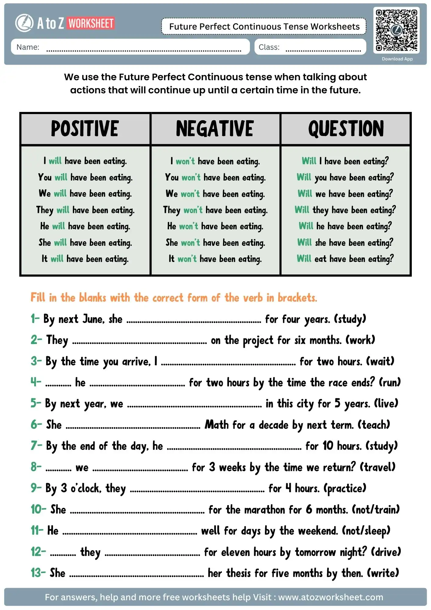 Free Future Perfect Continuous Tense Worksheets with Answers & PDF For Class 3 To Class 6 2 future perfect continuous tense worksheets pronoun conjugation chart fill in blanks with answers