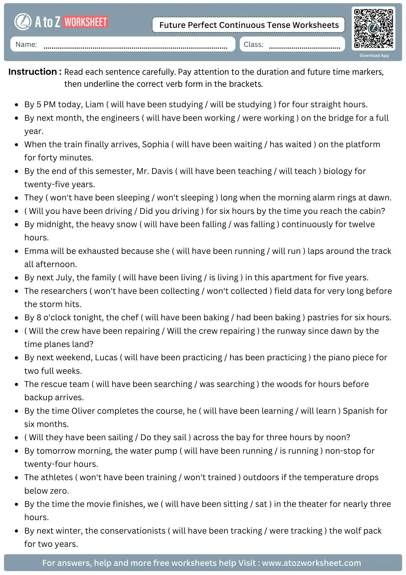 Free Future Perfect Continuous Tense Worksheets with Answers & PDF For Class 3 To Class 6 3 future perfect continuous tense worksheets underline correct progressive verb form in brackets printable pdf