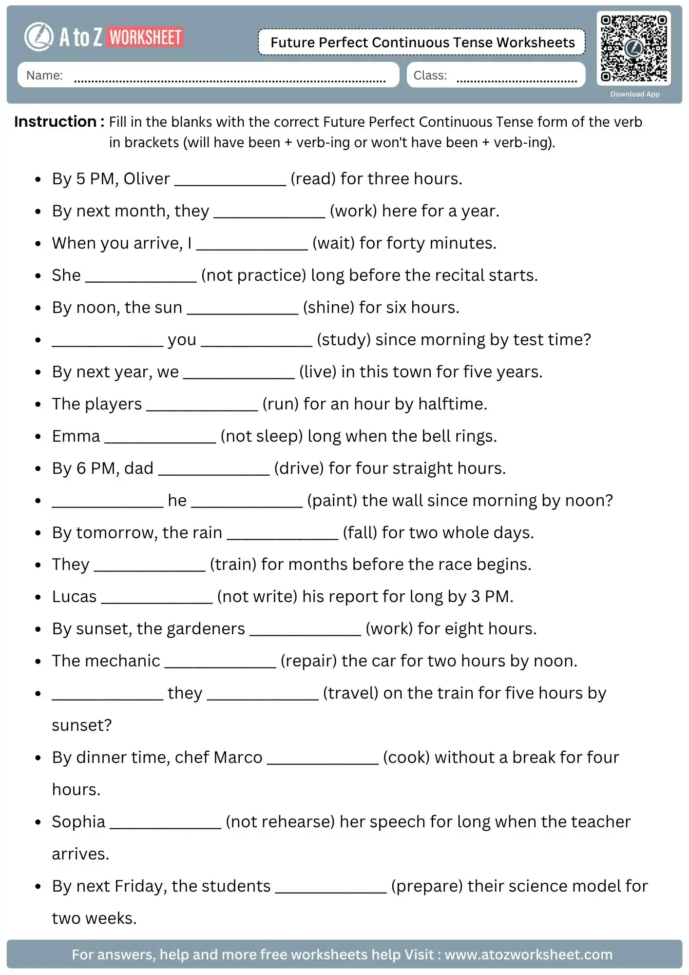 Free Future Perfect Continuous Tense Worksheets with Answers & PDF For Class 3 To Class 6 4 future perfect continuous tense worksheets fill in blanks will have been wont have been free worksheet