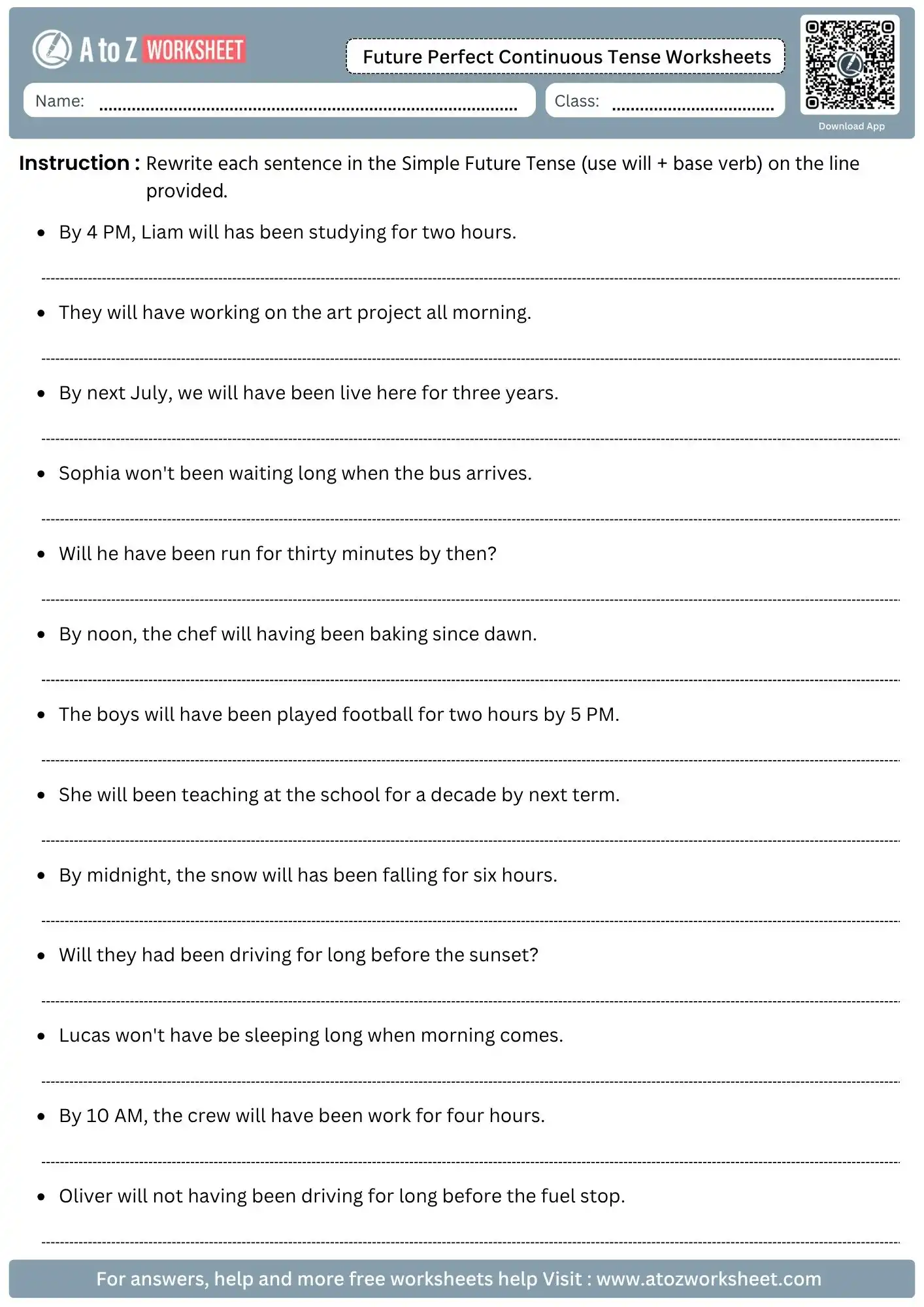 Free Future Perfect Continuous Tense Worksheets with Answers & PDF For Class 3 To Class 6 5 future perfect continuous tense worksheets rewrite sentences in simple future tense free pdf