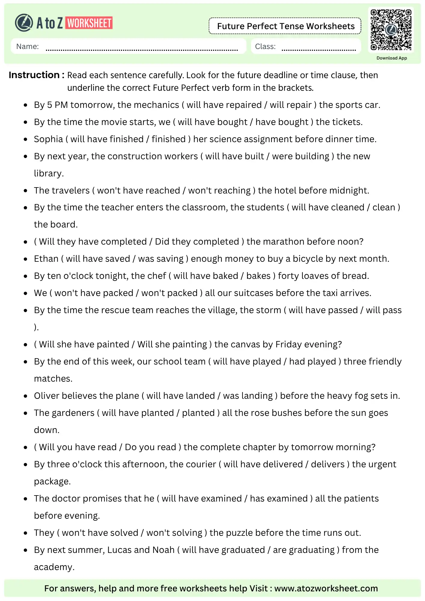 future perfect tense worksheets underline correct verb form in brackets with answers