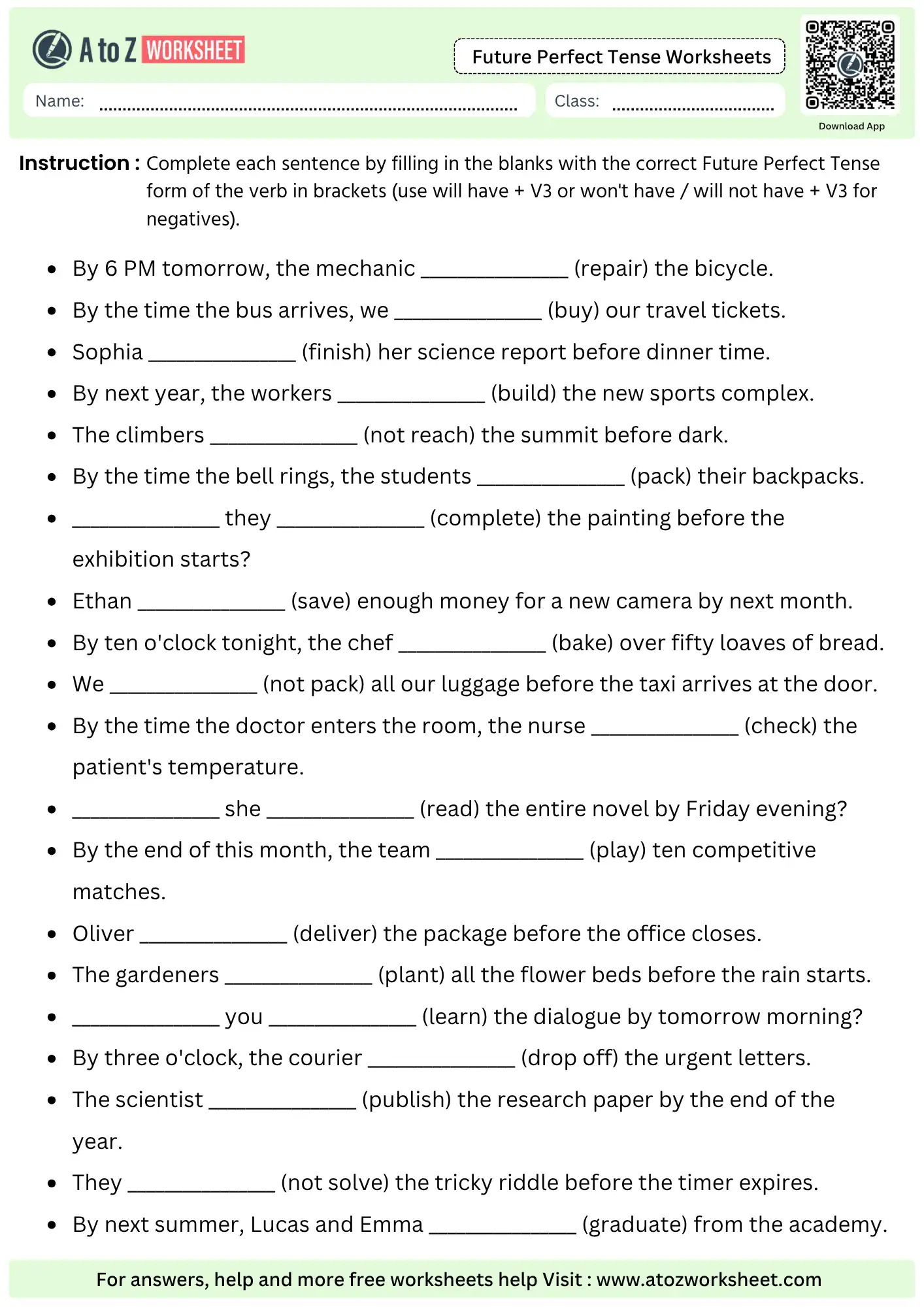 future perfect tense worksheets fill in blanks will have wont have past participle free worksheet