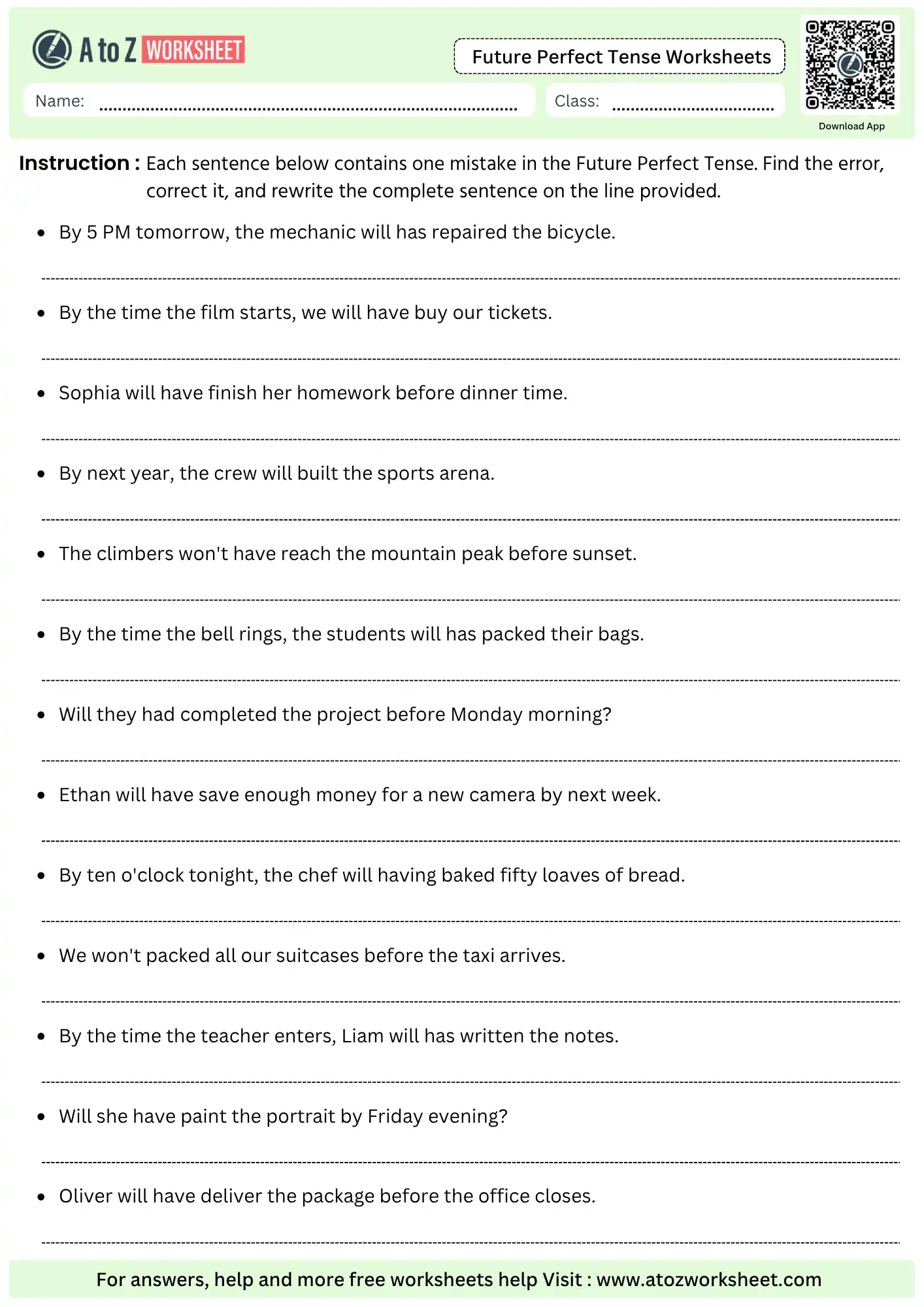 future perfect tense worksheets find mistakes correct and rewrite sentences printable pdf