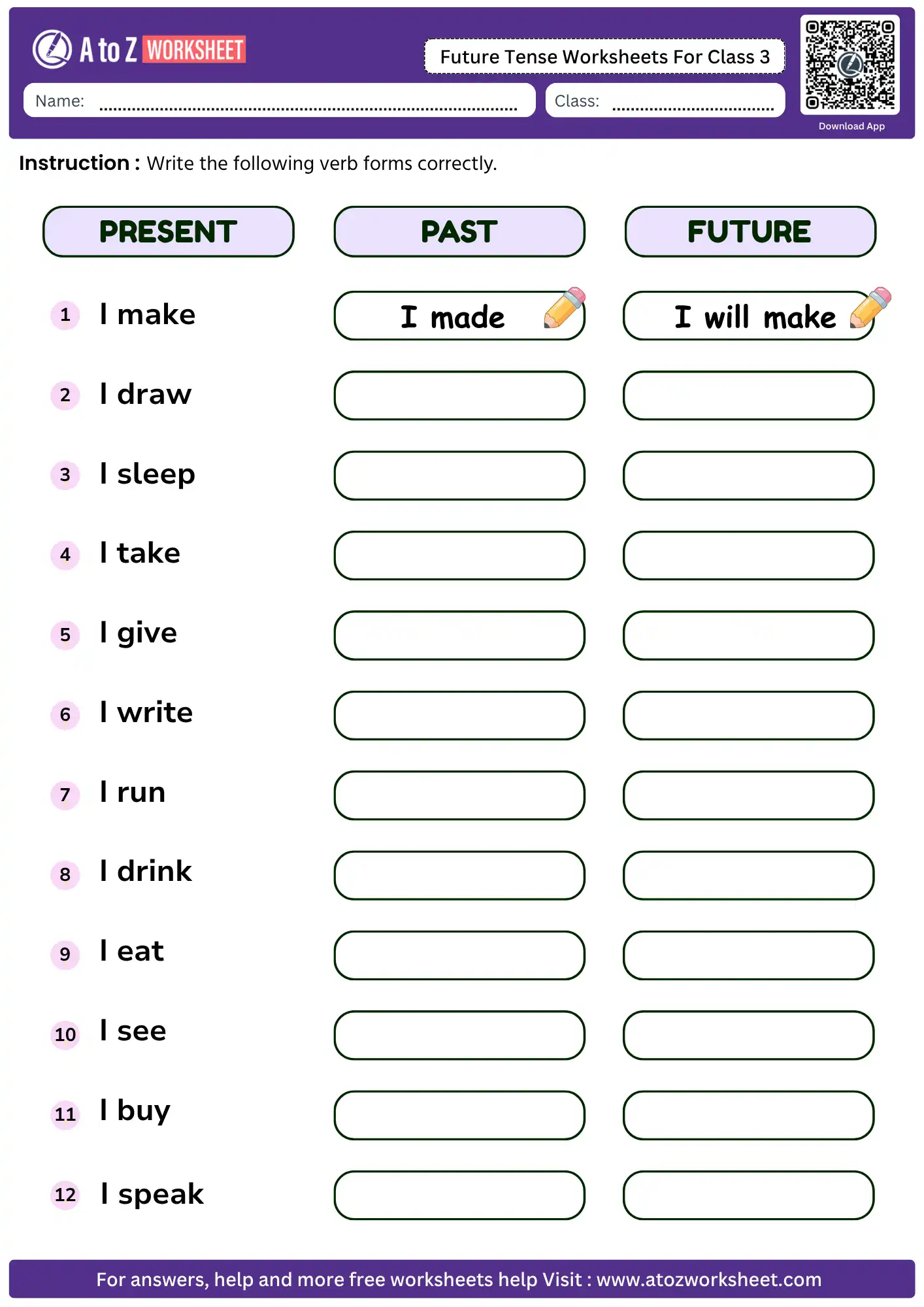 future tense worksheets for class 3 present past future verb forms chart printable pdf
