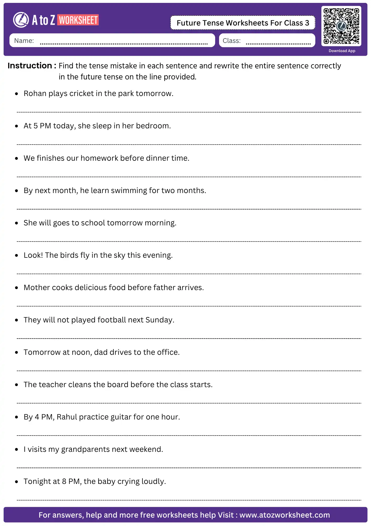 future tense worksheets for class 3 error correction sentence rewrite english grammar