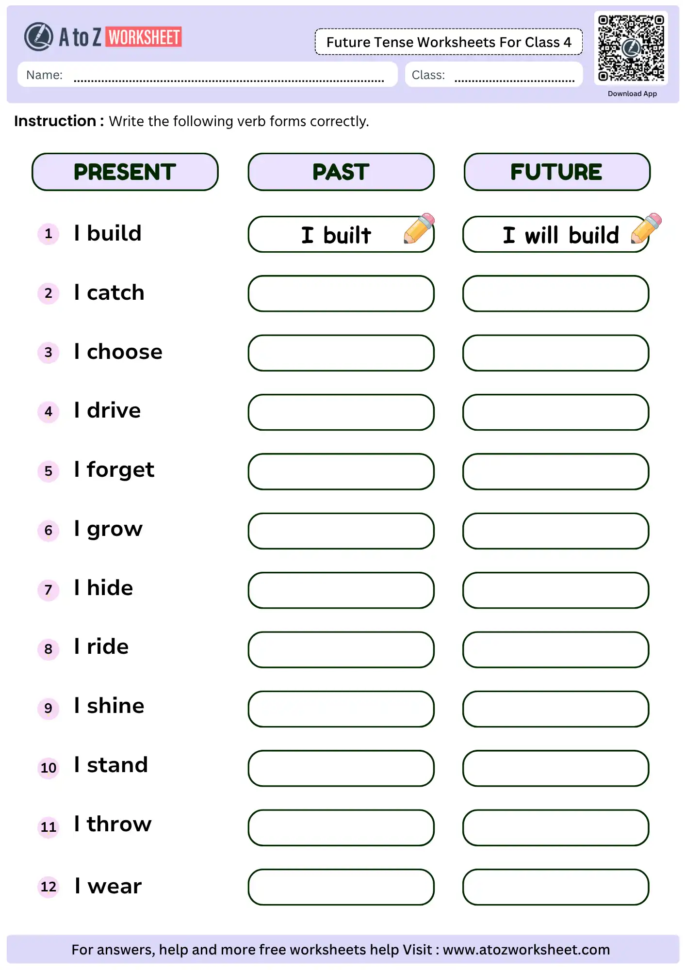 future tense worksheets for class 4 present past future verb forms table printable pdf