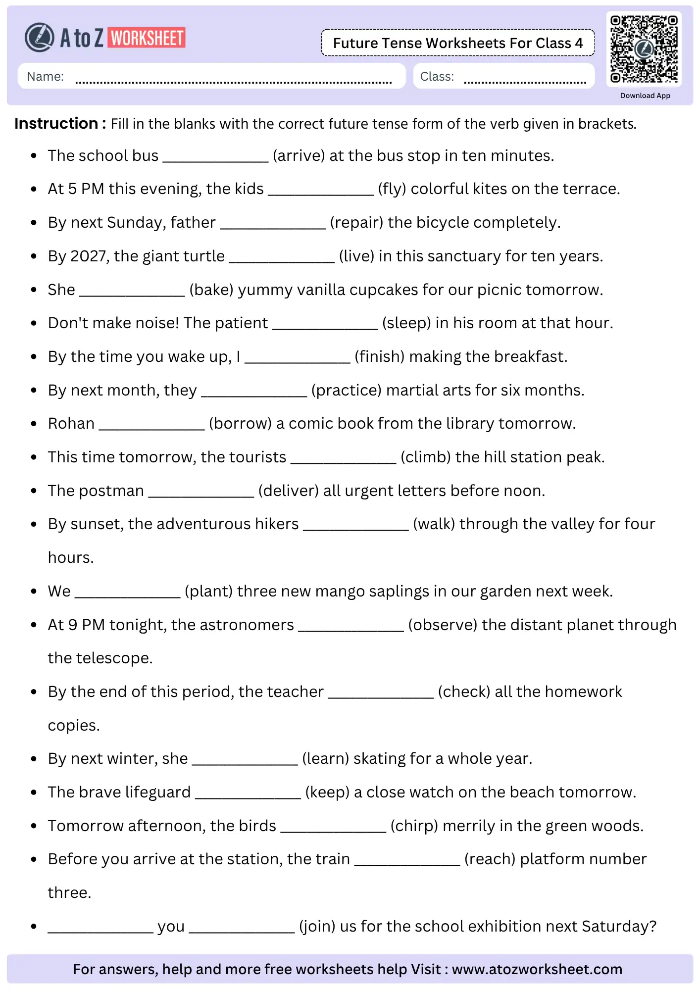 future tense worksheets for class 4 fill in blanks with future verbs english grammar