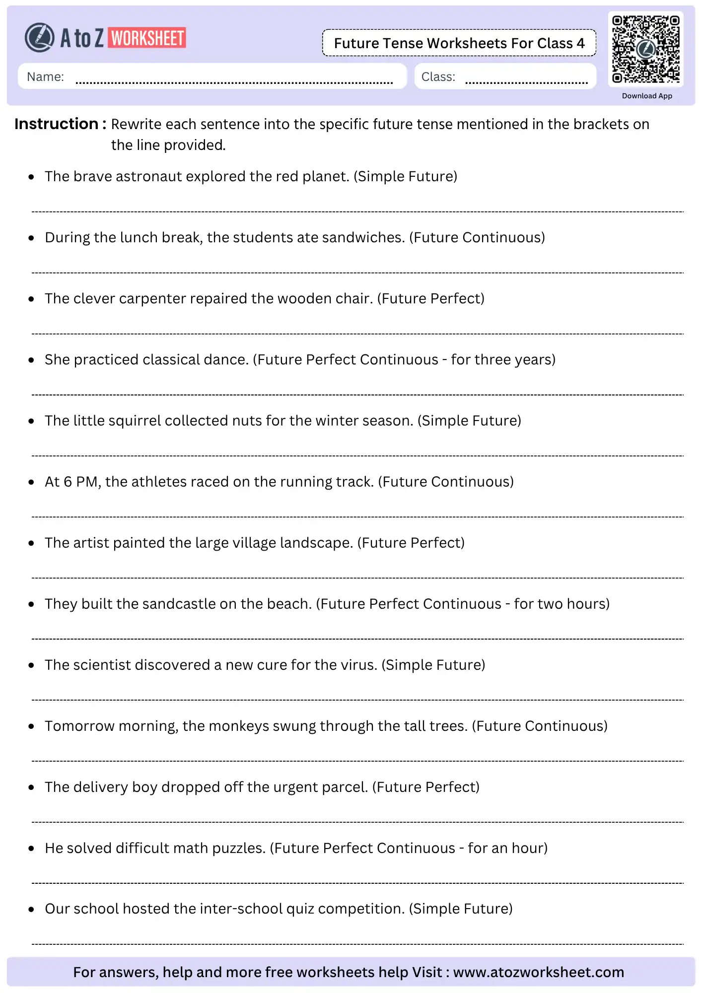 future tense worksheets for class 4 sentence rewriting transformation practice with answers