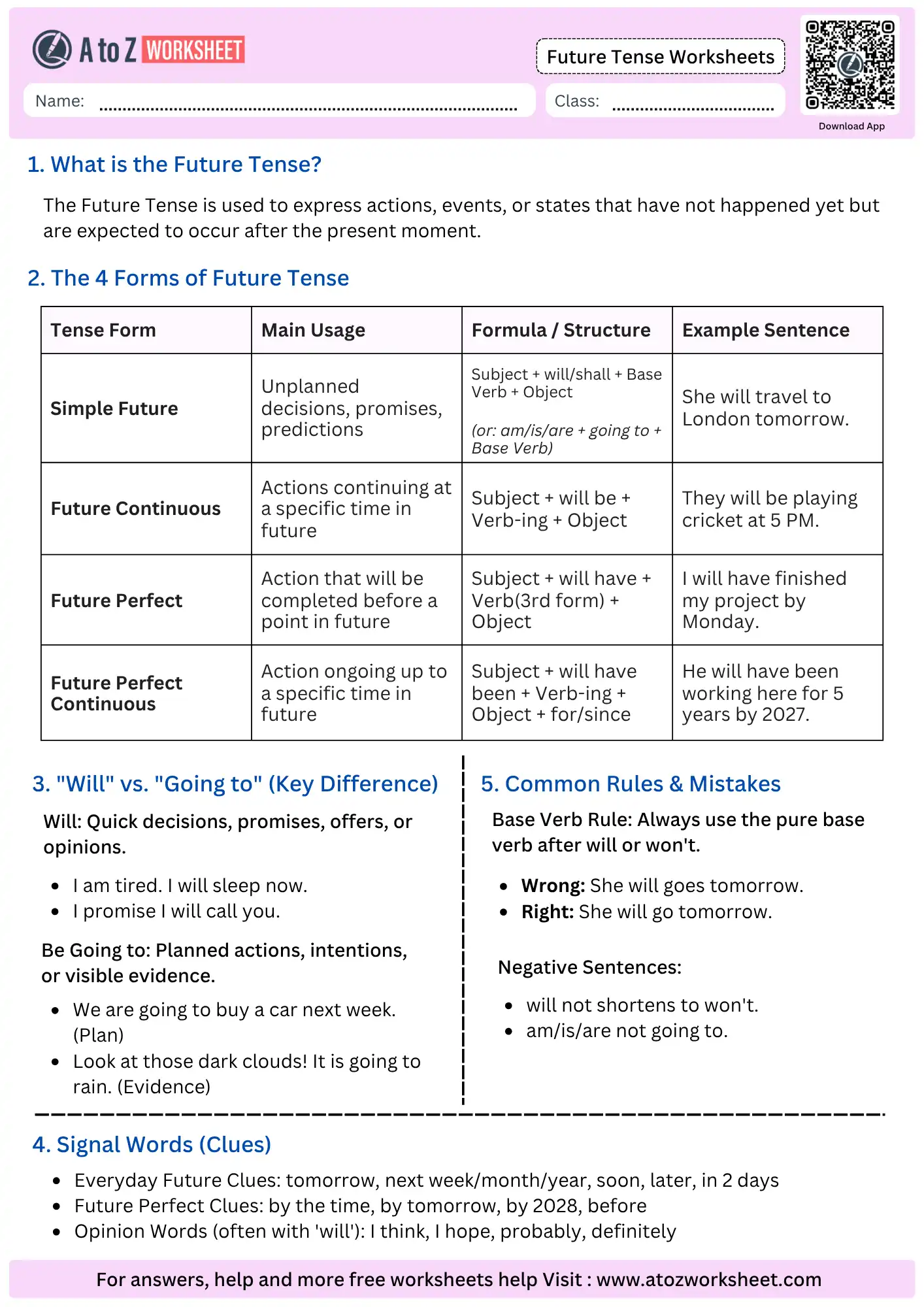 future tense worksheets with answers rules chart and formulas printable pdf