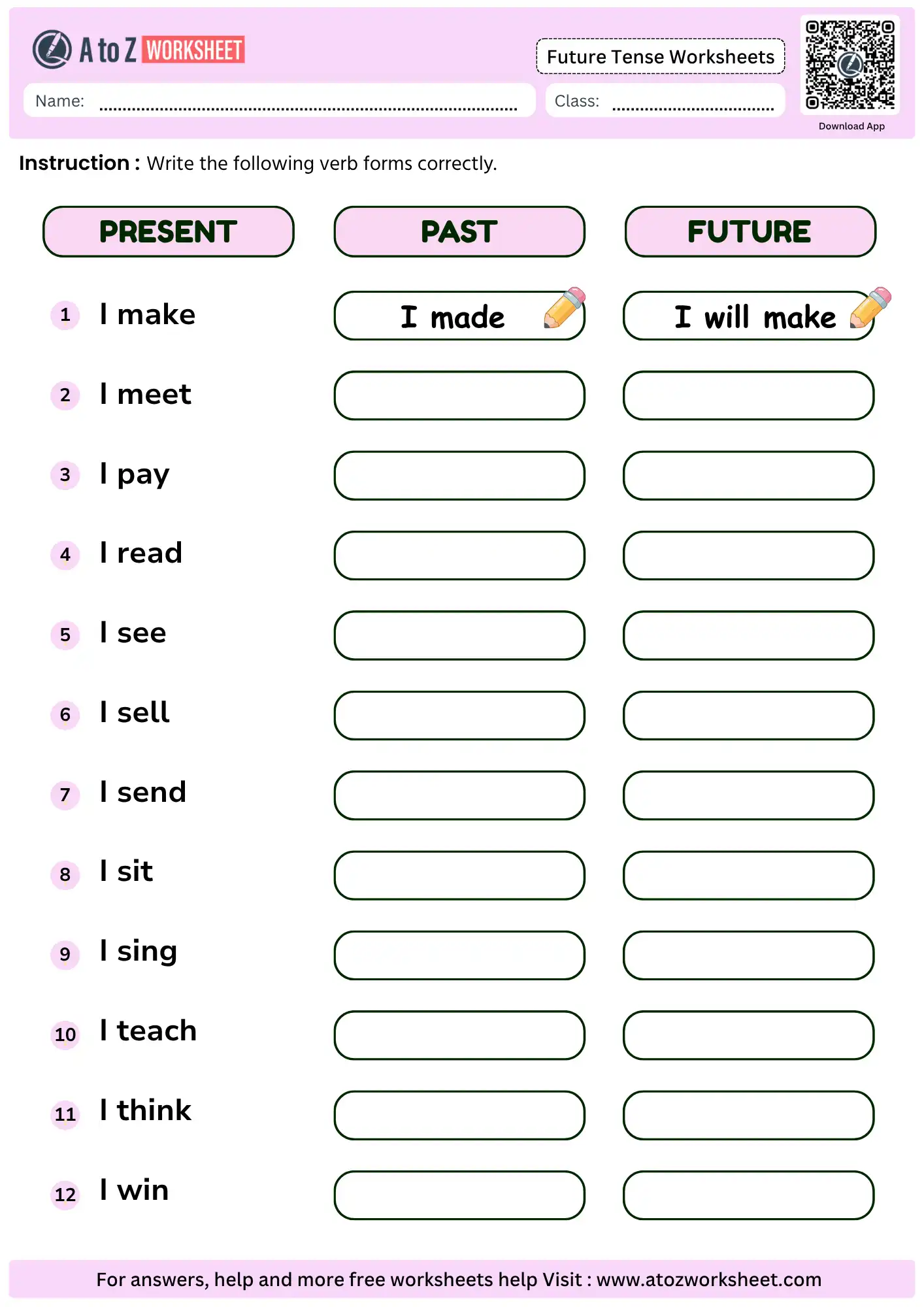 future tense worksheets with answers present past future verb forms chart printable pdf