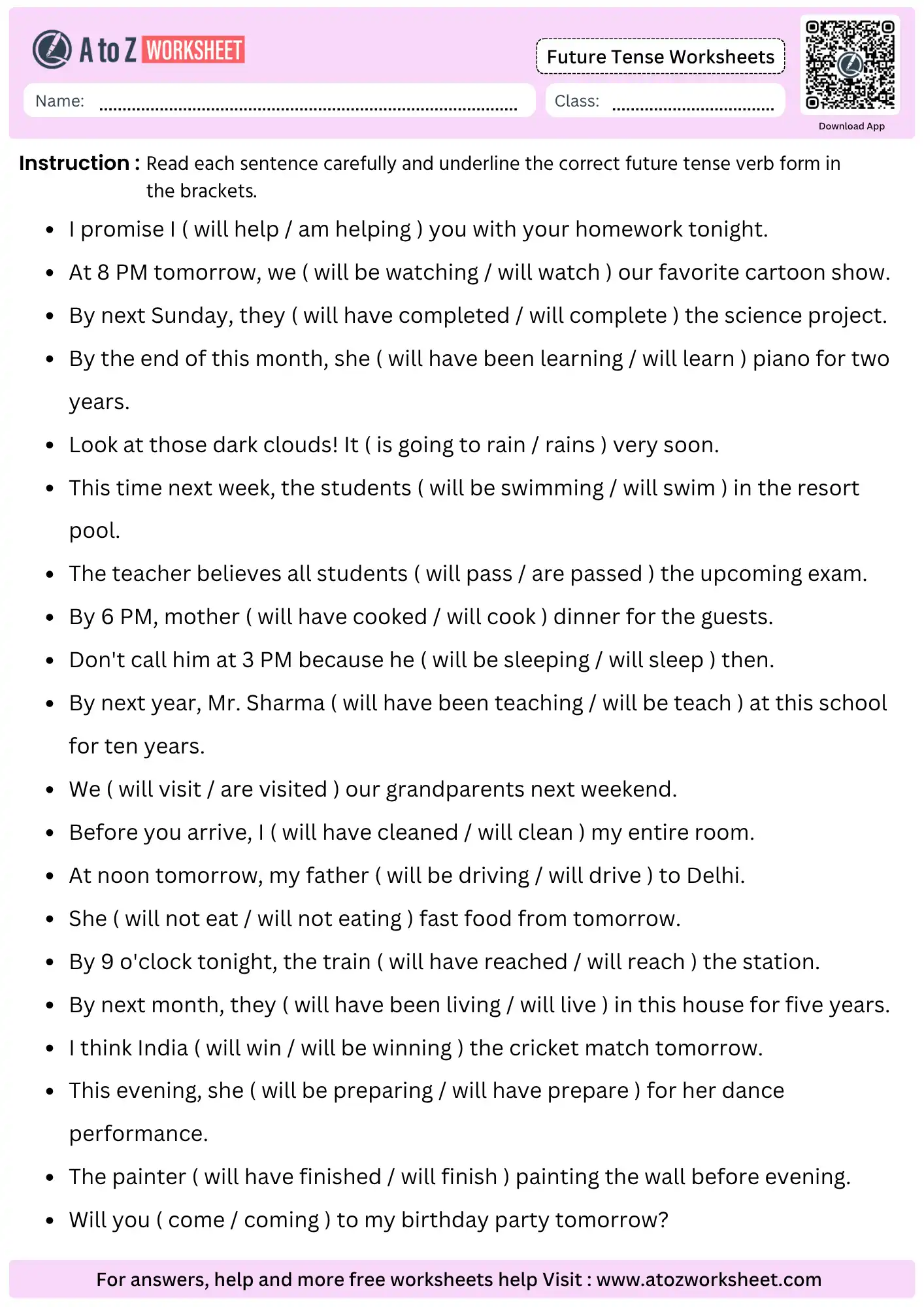 future tense worksheets with answers multiple choice bracket exercises english grammar