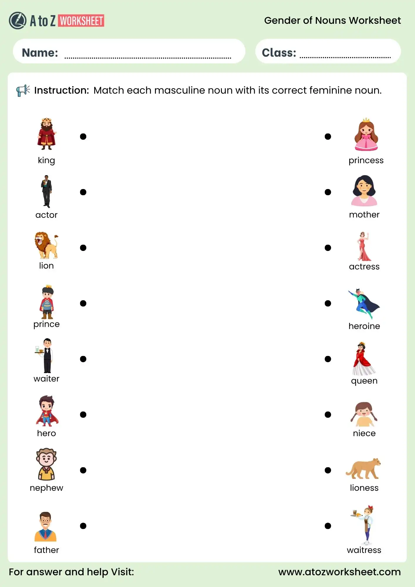 gender of nouns worksheets for grade 1 to grade 6 matching activity