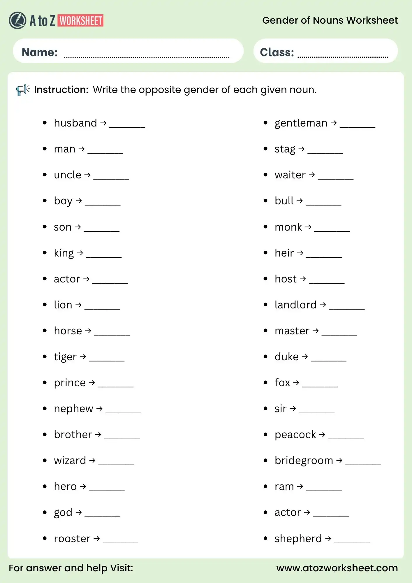 gender of nouns worksheets for grade 1 to grade 6 opposite gender words