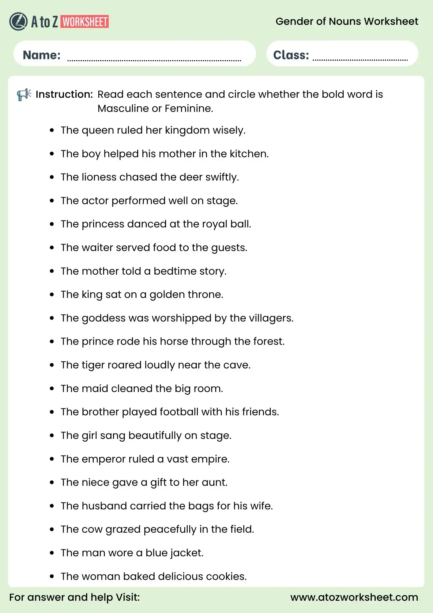 gender of nouns worksheets for grade 1 to grade 6 masculine or feminine