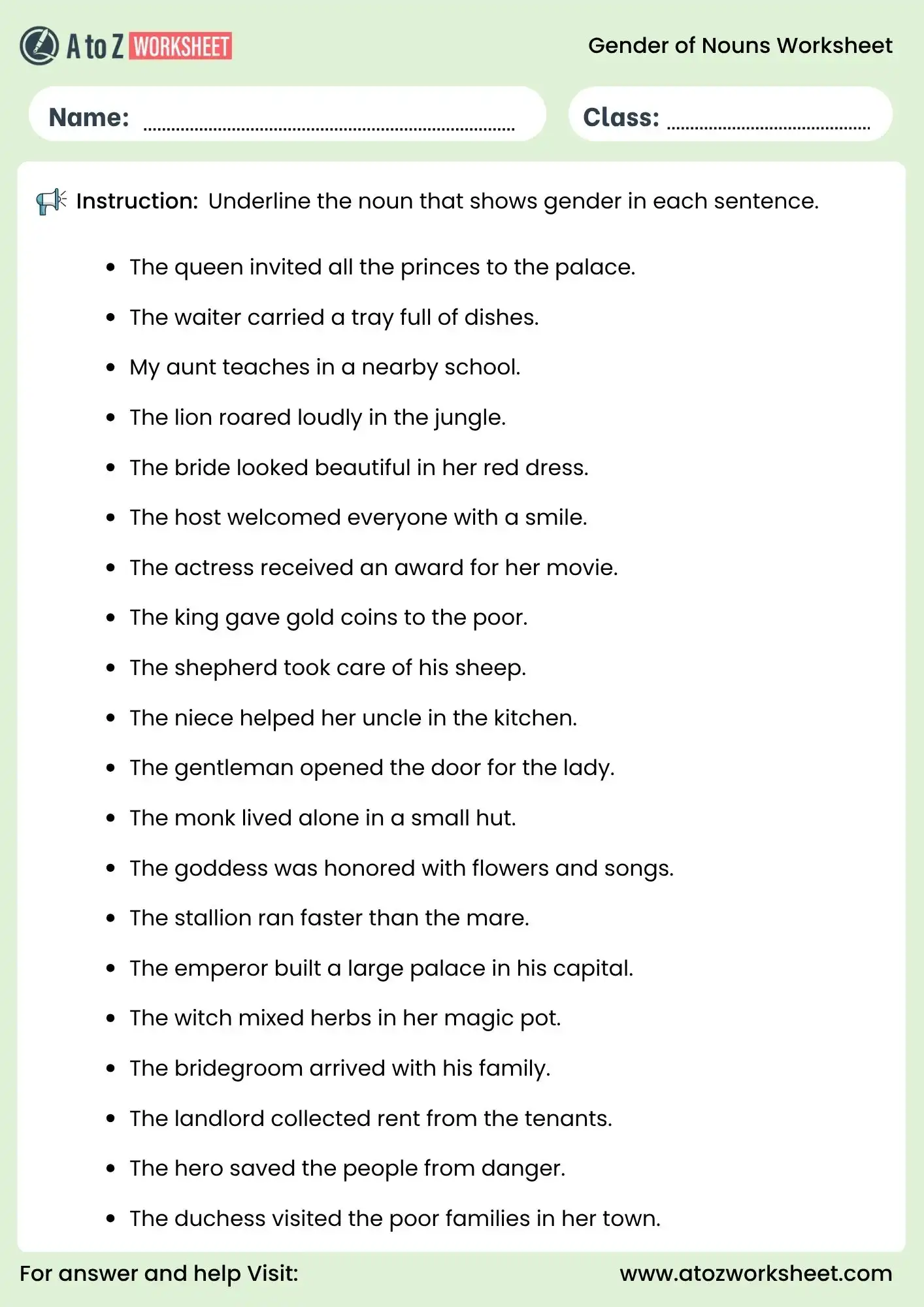 gender of nouns worksheets for grade 1 to grade 6 underline activity