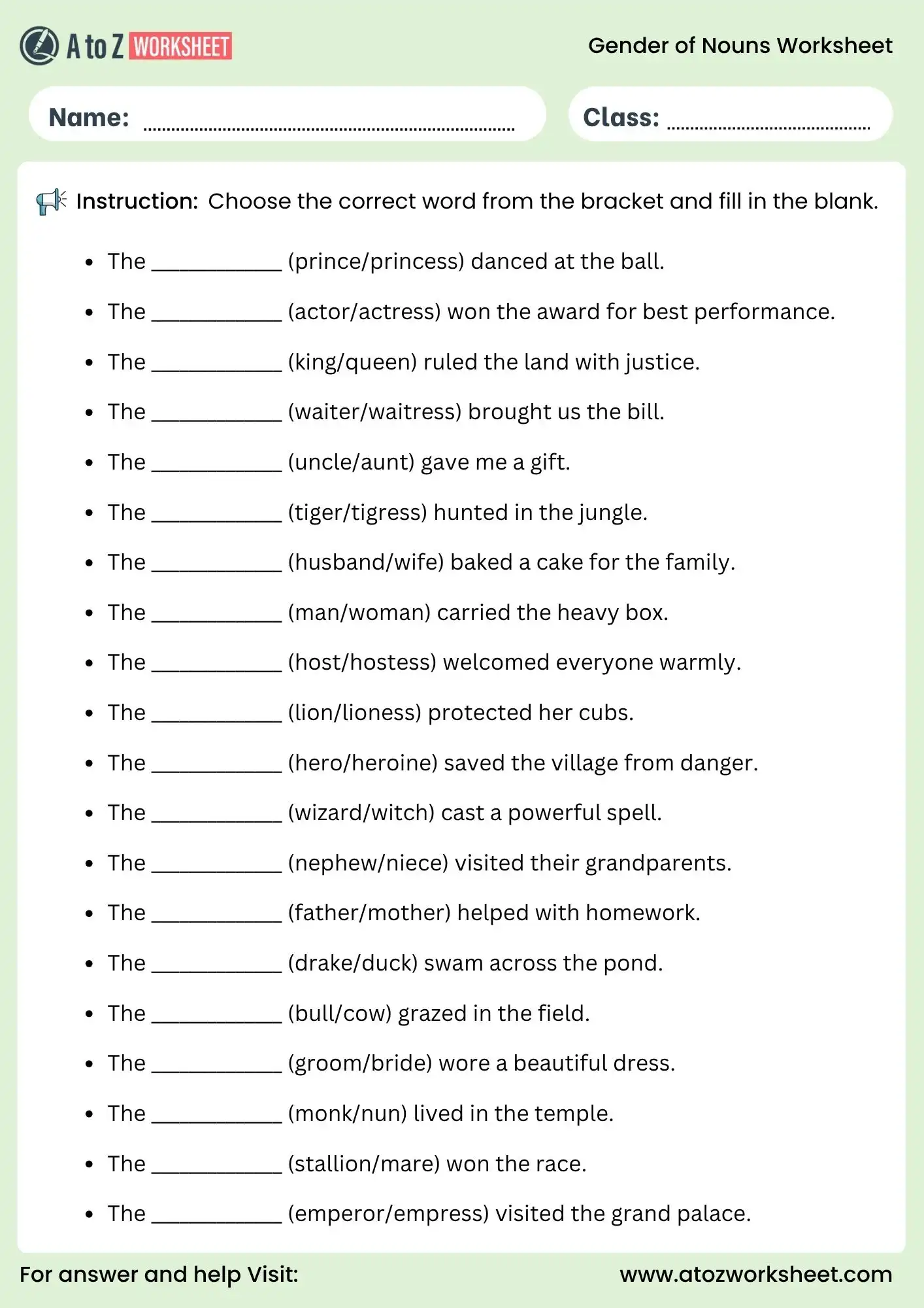gender of nouns worksheets for grade 1 to grade 6 fill in the blanks