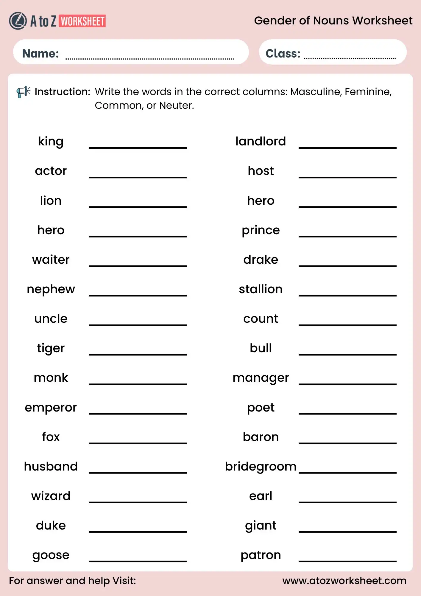 gender of nouns worksheets with answers grade 1 sorting activity