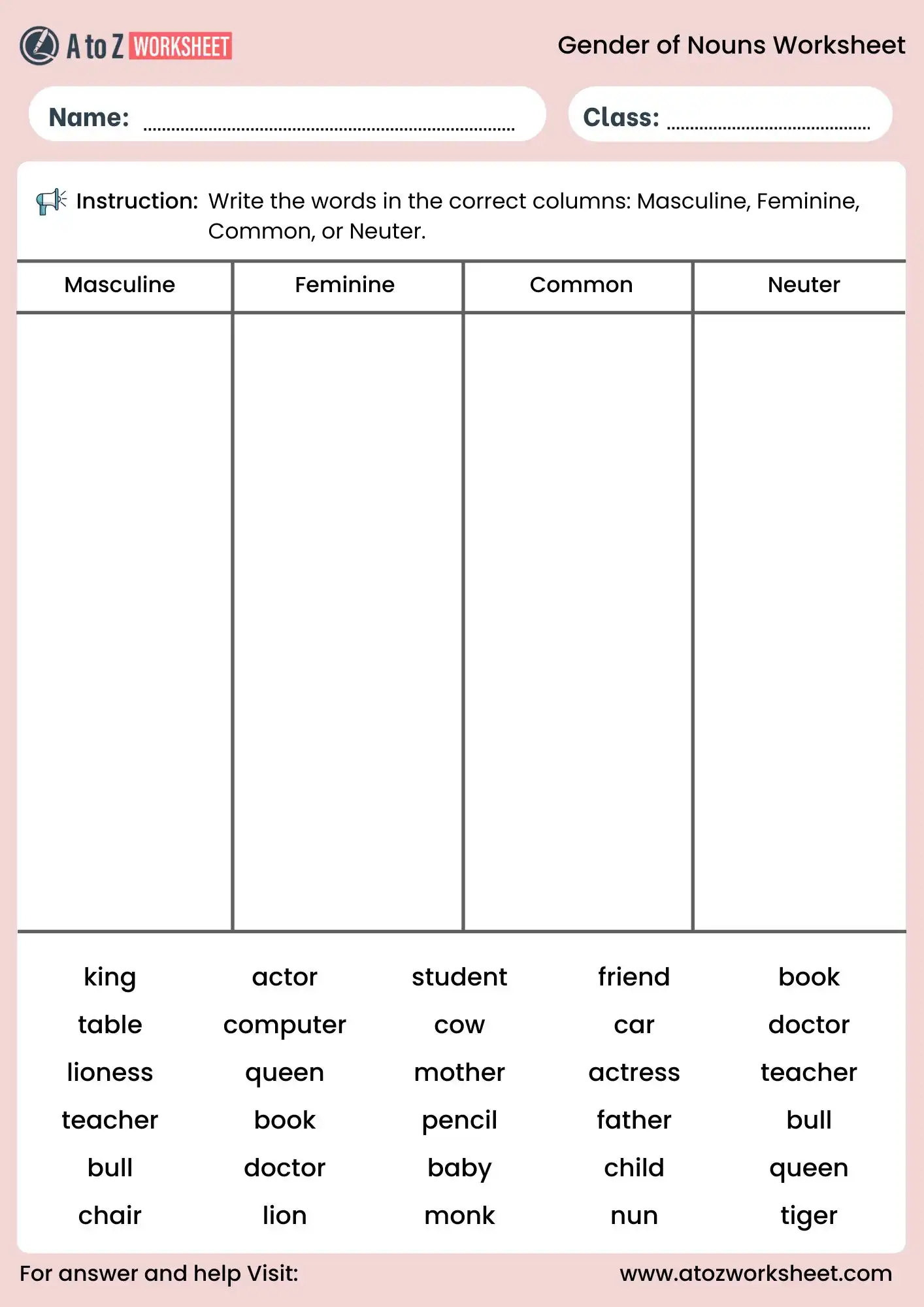 gender of nouns worksheets with answers activity for kids