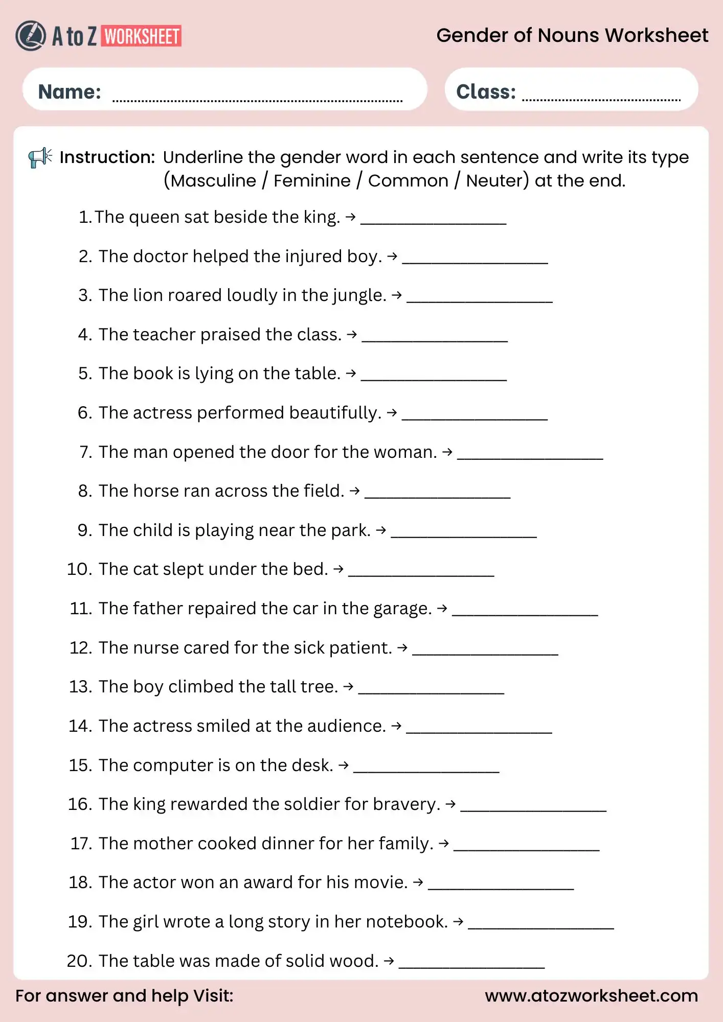 gender of nouns worksheets with answers underline gender words