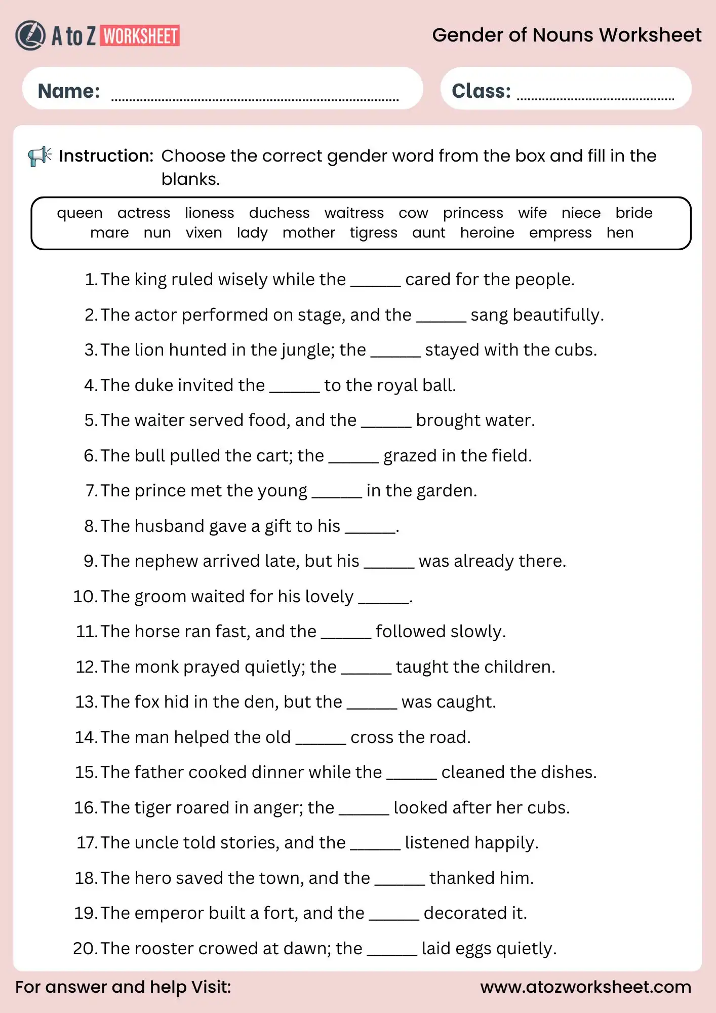 gender of nouns worksheets with answers fill in the blanks activity