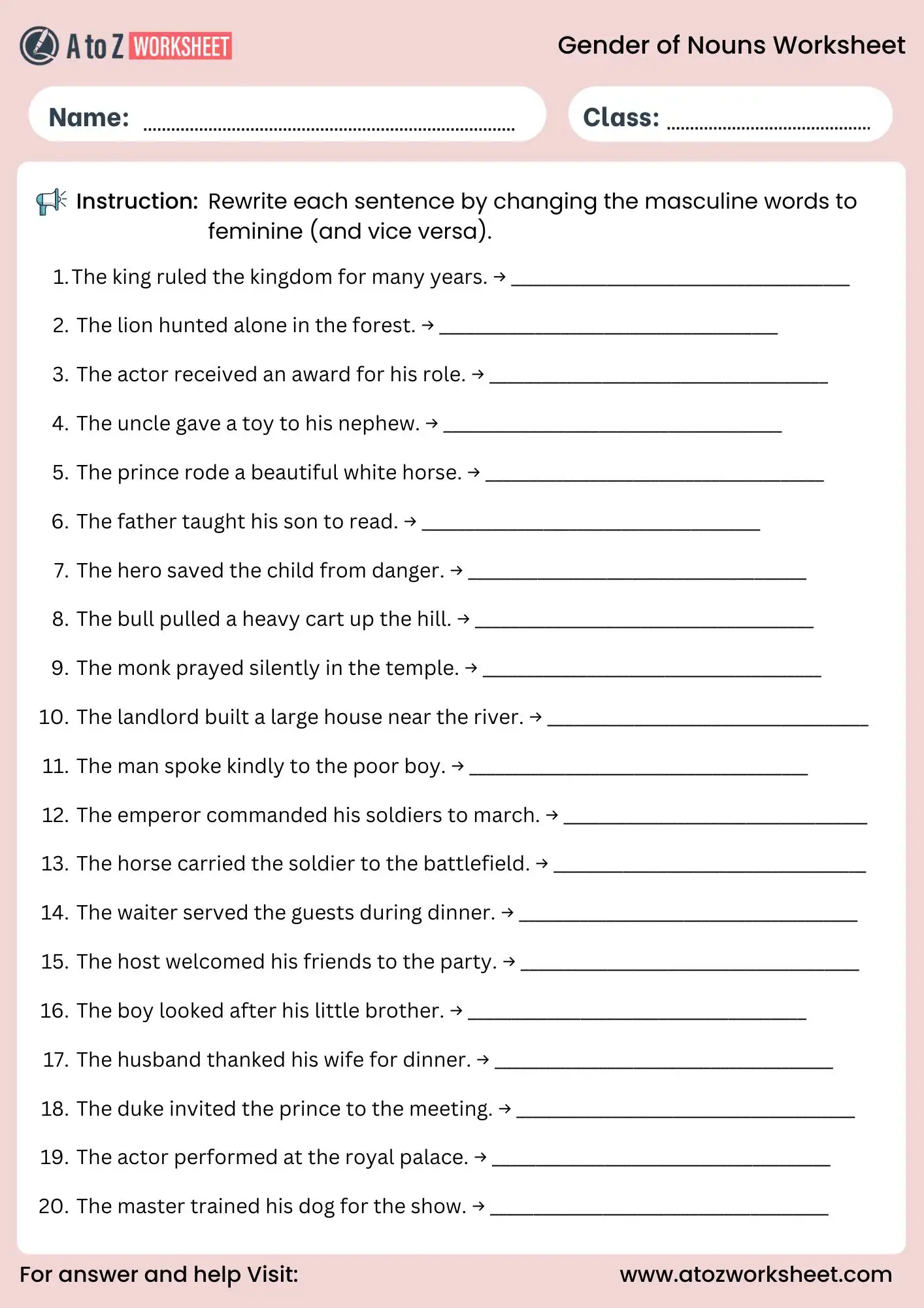 gender of nouns worksheets with answers rewrite sentences grammar exercise