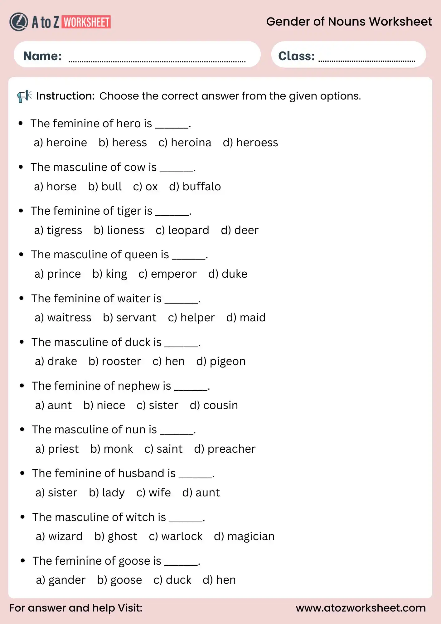 gender of nouns worksheets with answers pdf free printable for kids