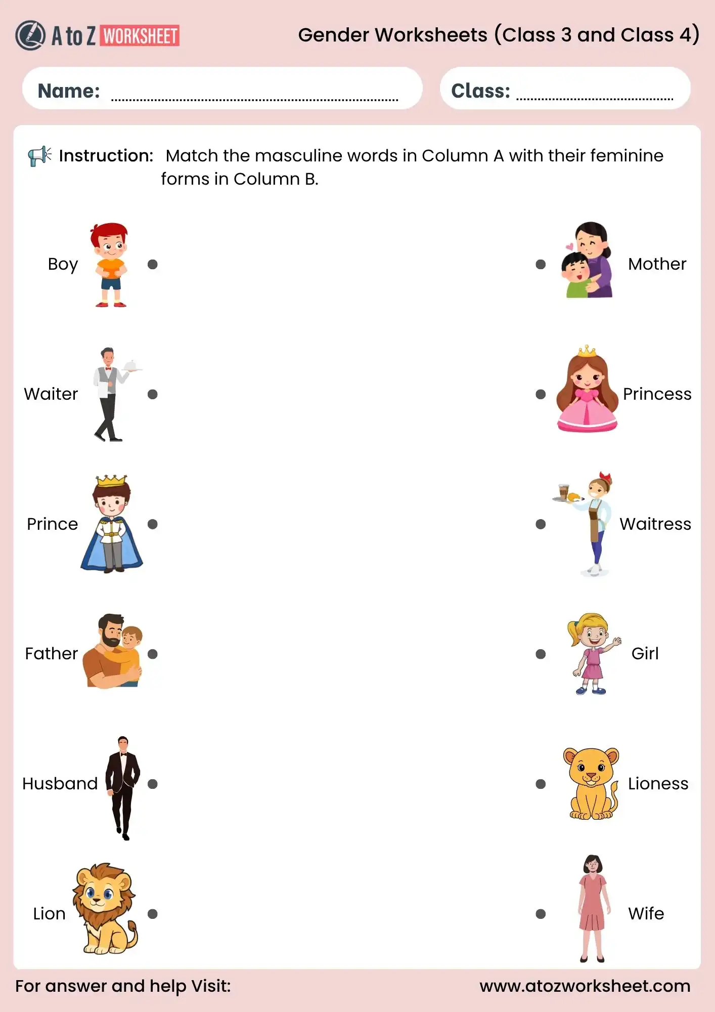 gender worksheets for class 3 and class 4 matching masculine and feminine