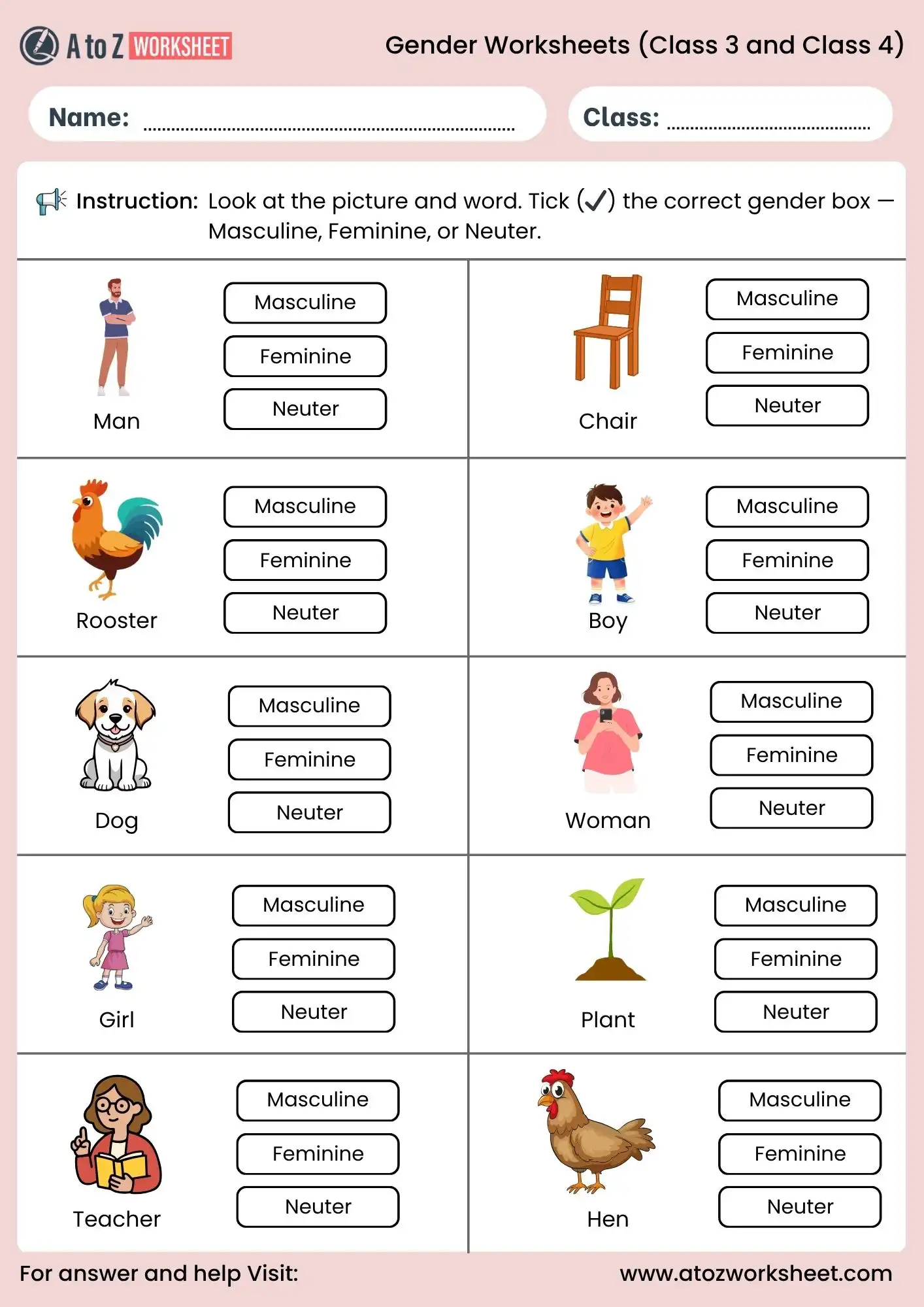 gender worksheets for class 3 and class 4 tick correct gender box