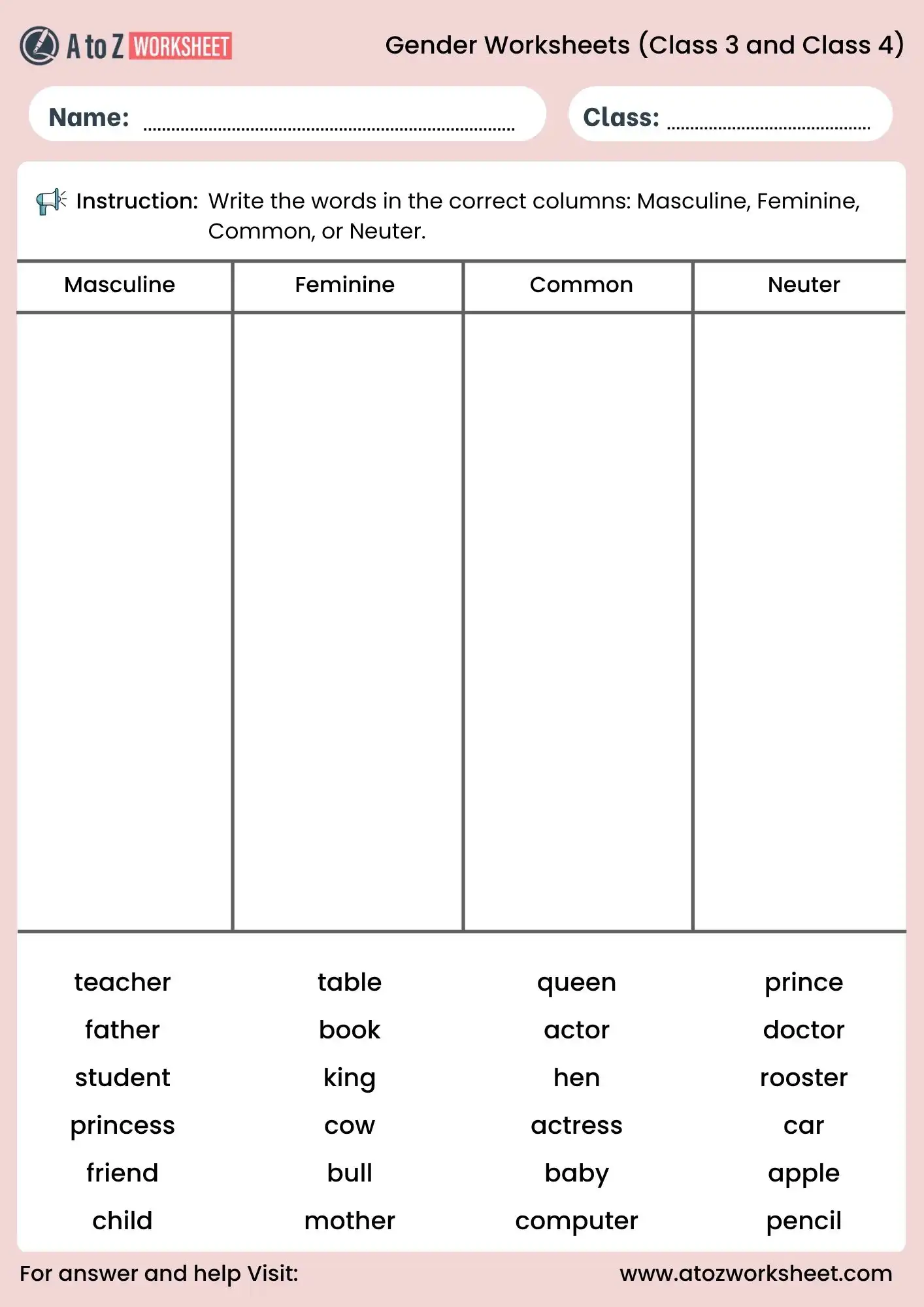 gender worksheets for class 3 and class 4 sorting activity