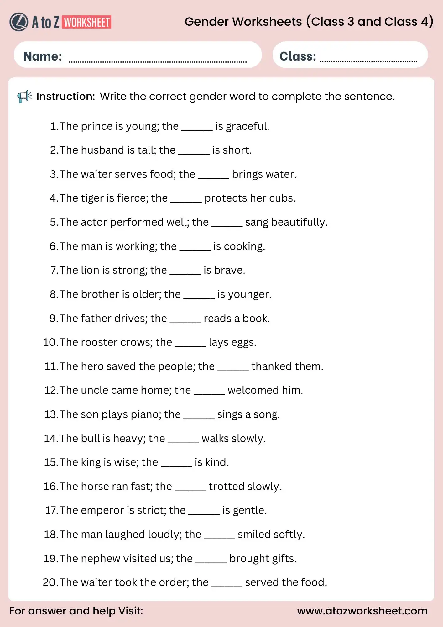 gender worksheets for class 3 and class 4 fill correct gender word