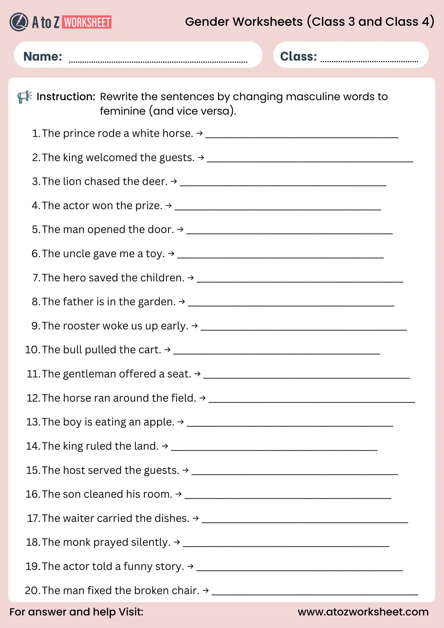 gender worksheets for class 3 and class 4 rewrite sentences changing gender