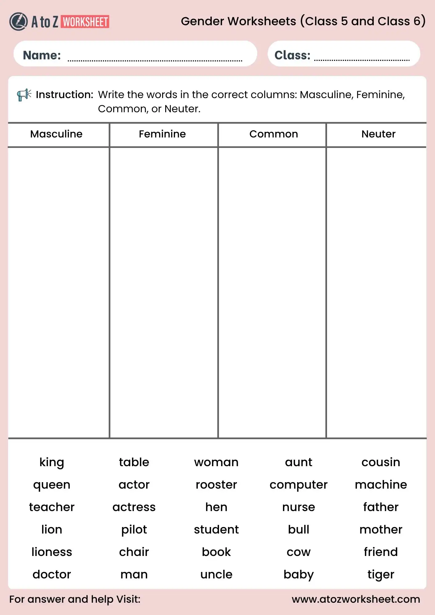 gender worksheets for class 5 and class 6 sorting nouns activity