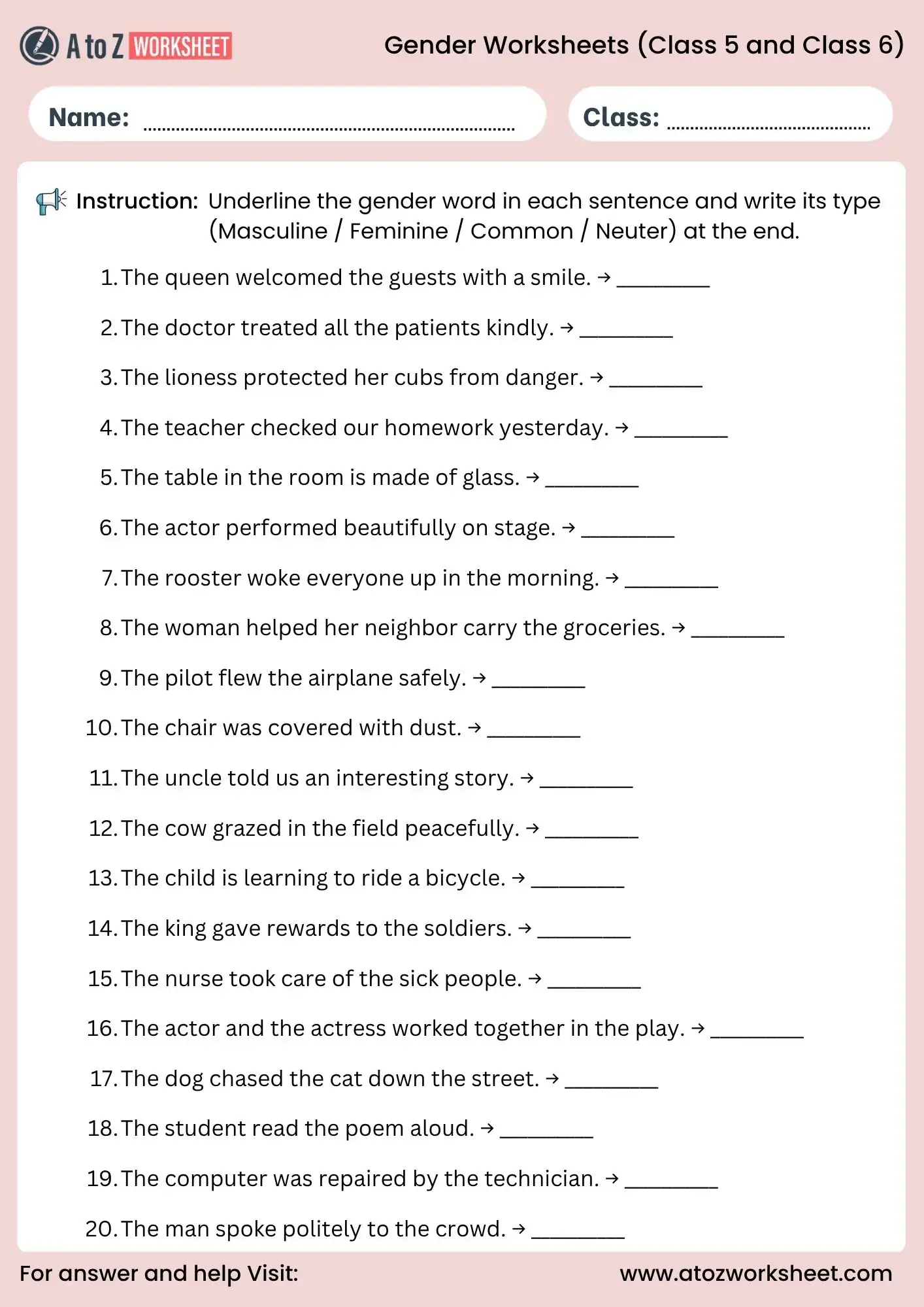 gender worksheets for class 5 and class 6 identify and underline activity