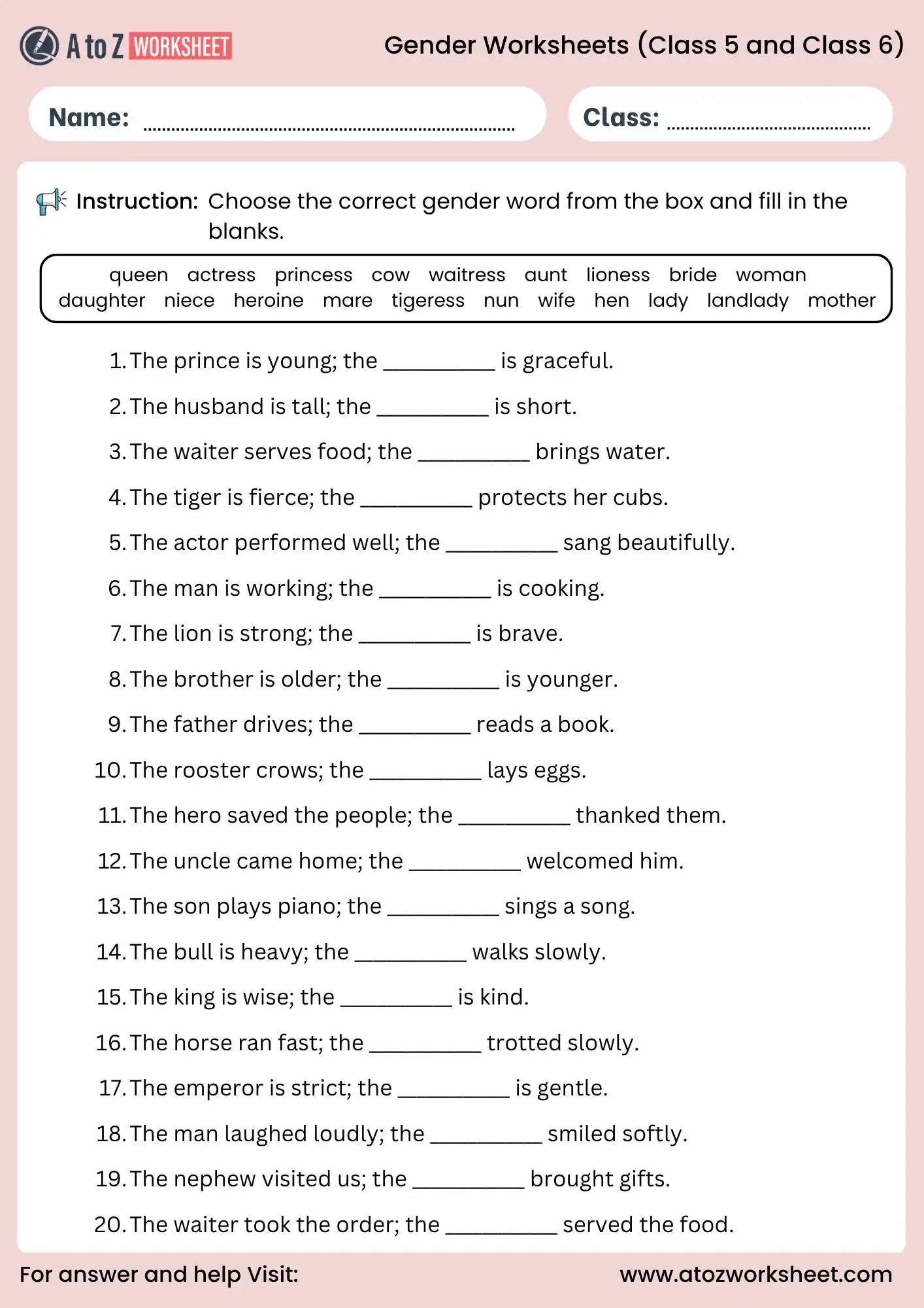 gender worksheets for class 5 and class 6 fill blanks grammar exercise