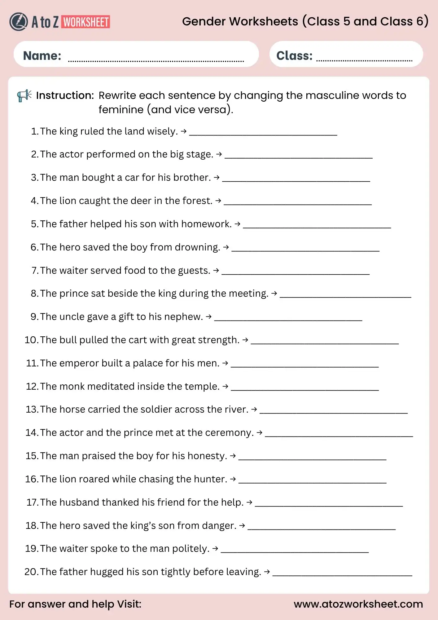 gender worksheets for class 5 and class 6 rewrite sentences grammar